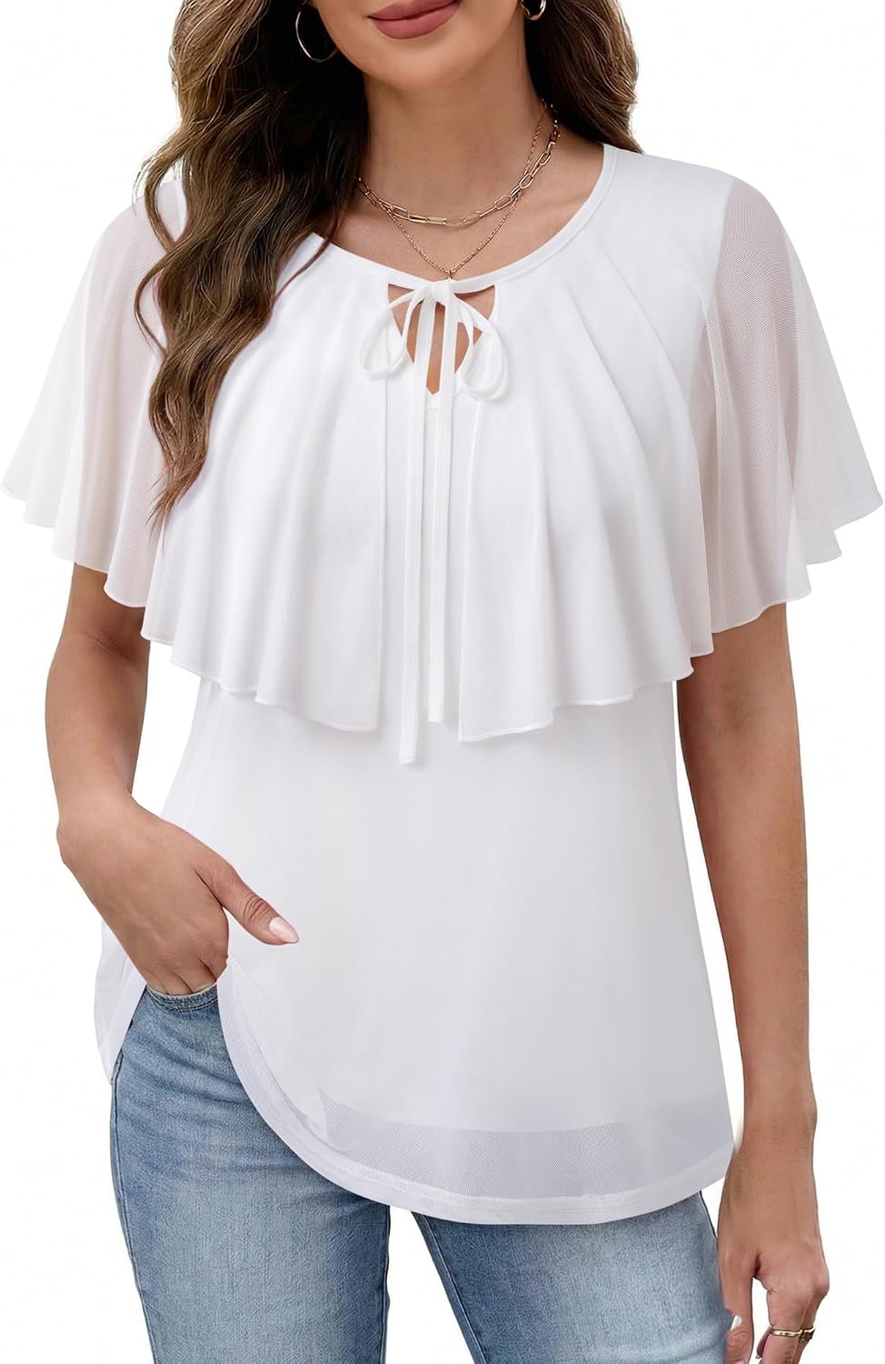 Lotusmile Womens Summer Tops Dressy Casual A-Line Double Layered Mesh Cape Flutter Sleeve Flattering Blouses