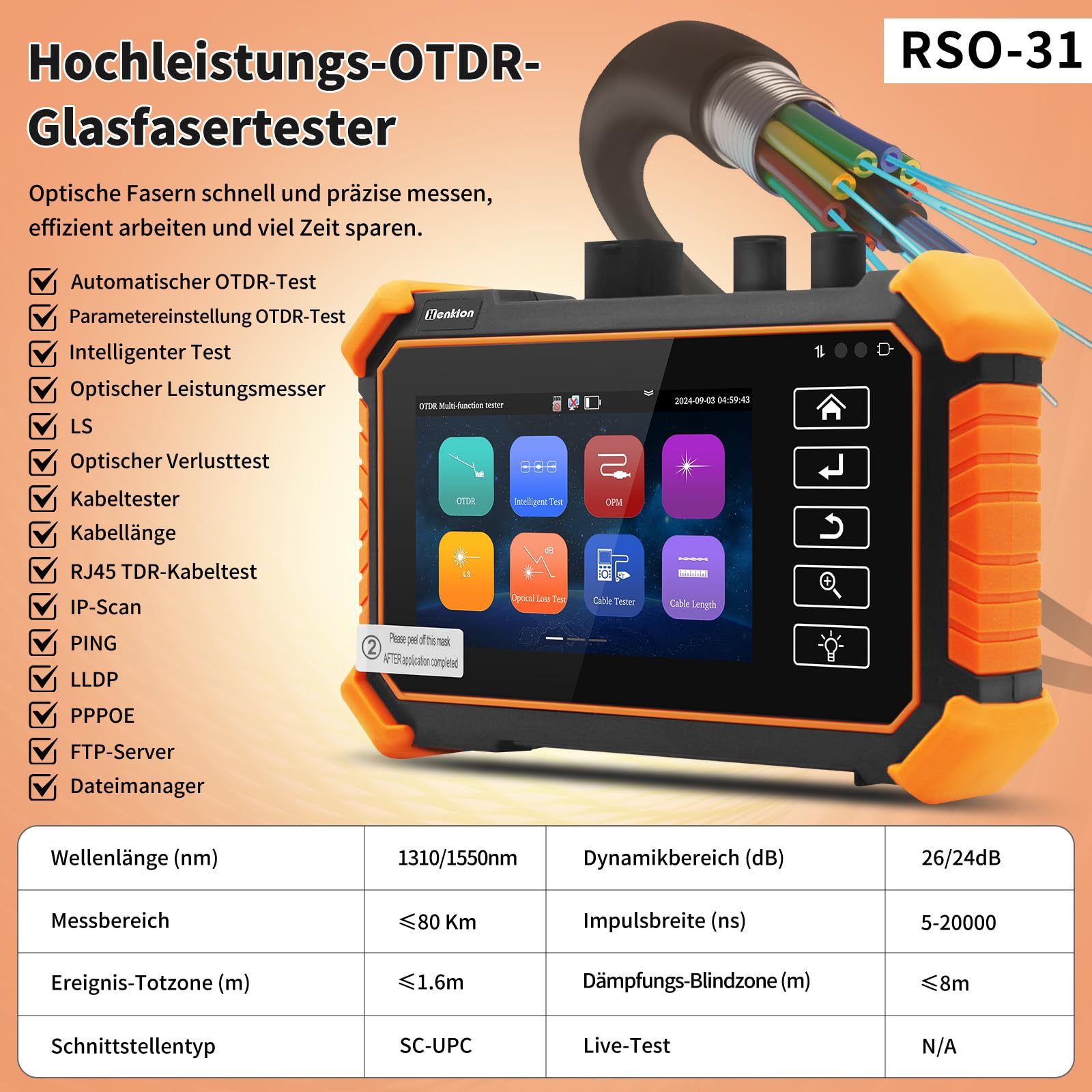 Henkion OTDR Fiber Optic Tester 1550nm 26/24dB, Glasfasertester unterstützt OPM, LS, OLS, VFL, Ereigniskarte, UTP/RJ45 TDR kabeltest/Längenkabeltester, Netzwerktester, 8 Faseradapter, FTP/Bericht