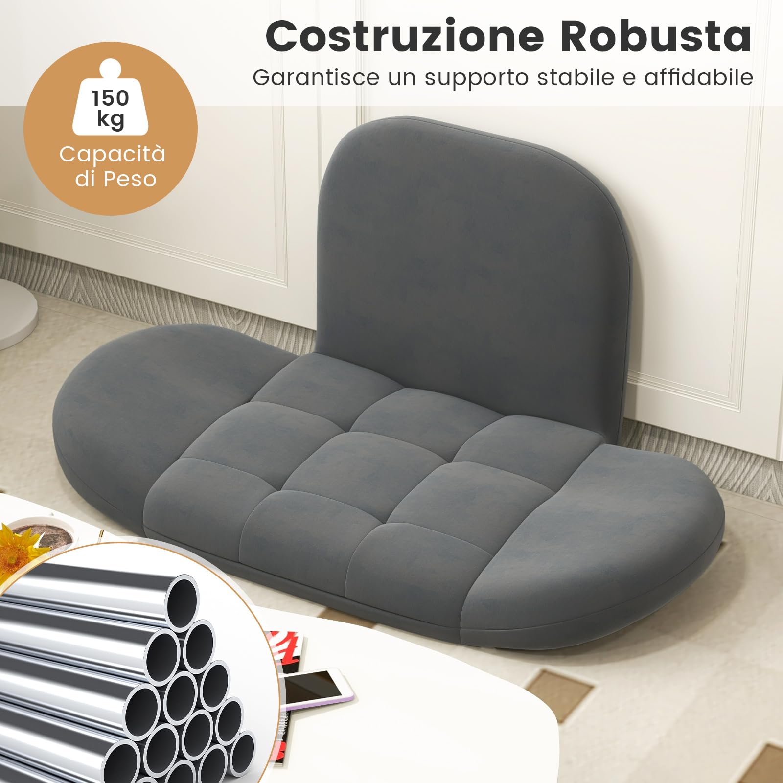 COSTWAY Sedia da Terra Pieghevole, Poltrona da Pavimento, Poltrona da Terra, con Schienale e Braccioli Regolabili, Sedia per Lettura e Medtazione, Grigio (Grigio, Non Base)