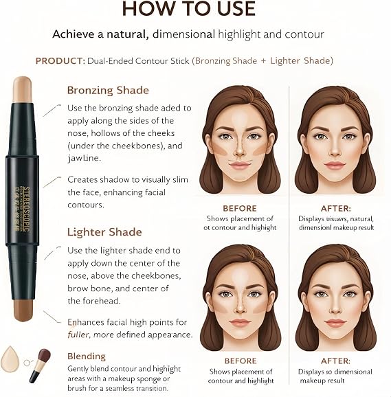 2-in-1 Contour and Highlighter Stick Kit,Smooth Sculpting Bronzer for Light Skin Tone,Cream Bronzer & Cool Toned Contour for Nose,Long Lasting and Waterproof Contour Sticks for Light Skin Makeup#02