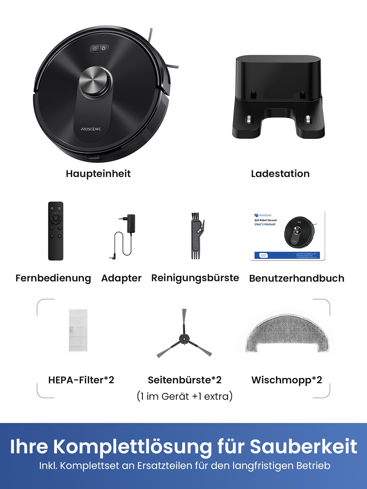 Proscenic Q10+ Saugroboter mit Wischfunktion, 10000Pa 200Min Staubsauger Roboter, Intelligentes Laser Navigation mit 5 Karten, Smarte Steuerung via App, Alexa & Siri Apple Watch, Hartböden, Teppichen