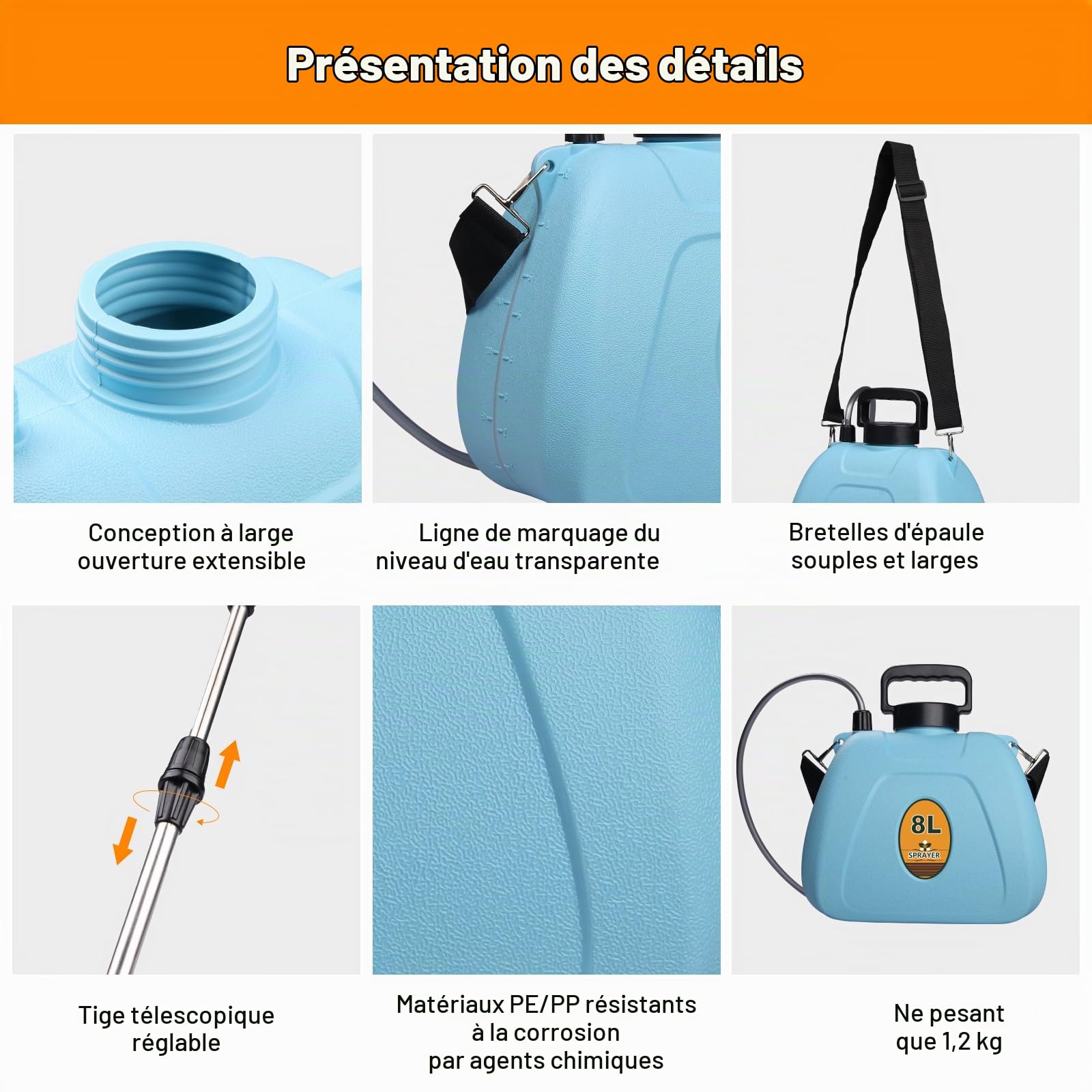Pulvérisateur Électrique à Dos 8L avec Lance Télescopique et 3 Buses, Batterie Rechargeable 1500mAh - pour Jardin, Désherbage, Nettoyage Toiture, Terrasse et Voitur(Bleu)