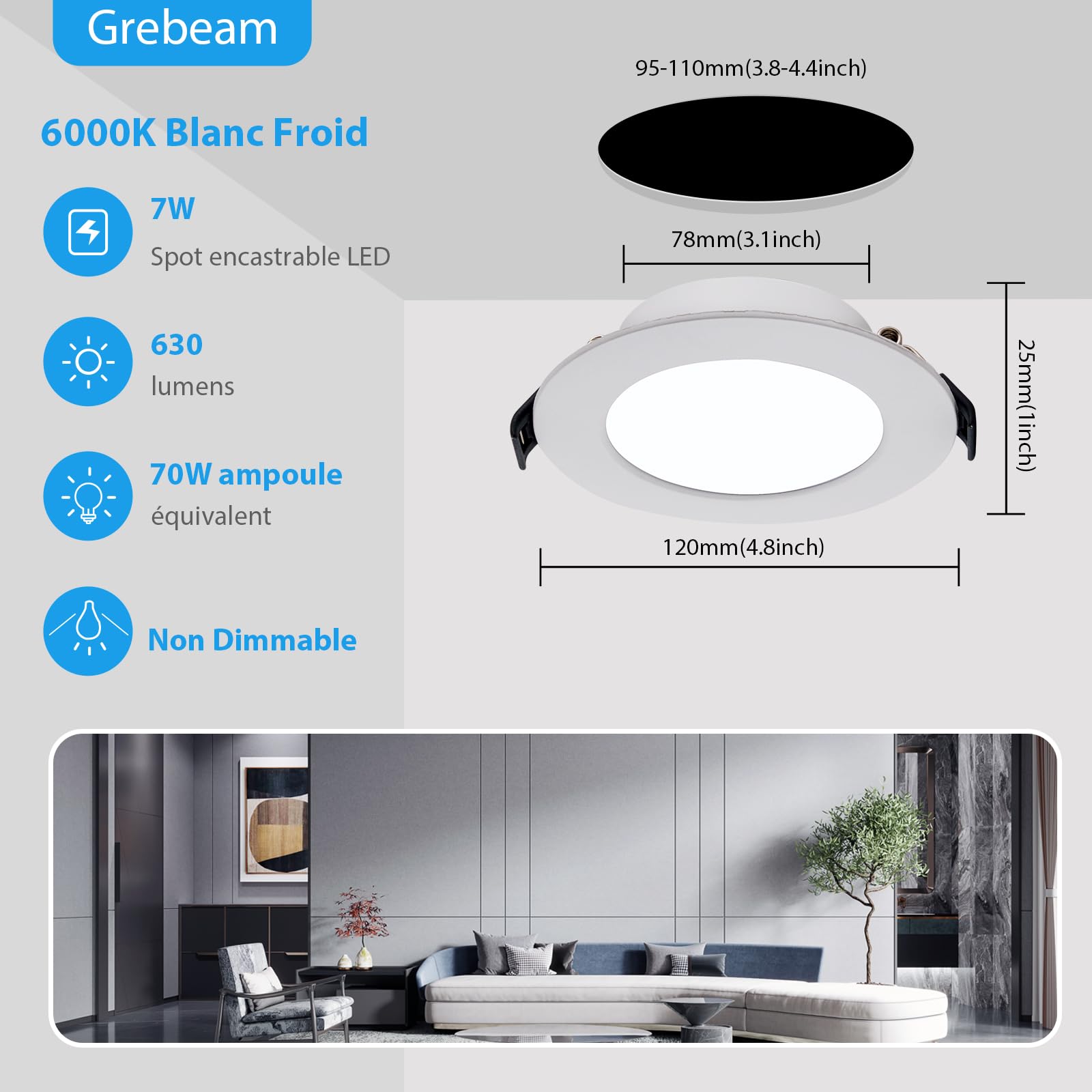 7W Spots LED Encastrables 220V, Spot Salle de Bain IP65, Ultramince 25 mm, 630LM, Blanc Froid 6000K, Trous Ø95-110mm, Spot LED Plafond Rond pour Cuisine, Salon, Chambre, Lot de 6