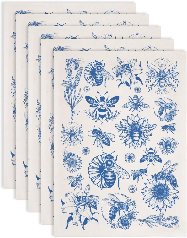 SUPERDANT 5PCS Bees Flowers Underglaze Paper Transfer Sunflowers Transfer Papers for Clay Ceramic Porcelain Under Glaze Transfers for Pottery Enamel Decals Blue Underglaze Decal Handcrafted Gifts