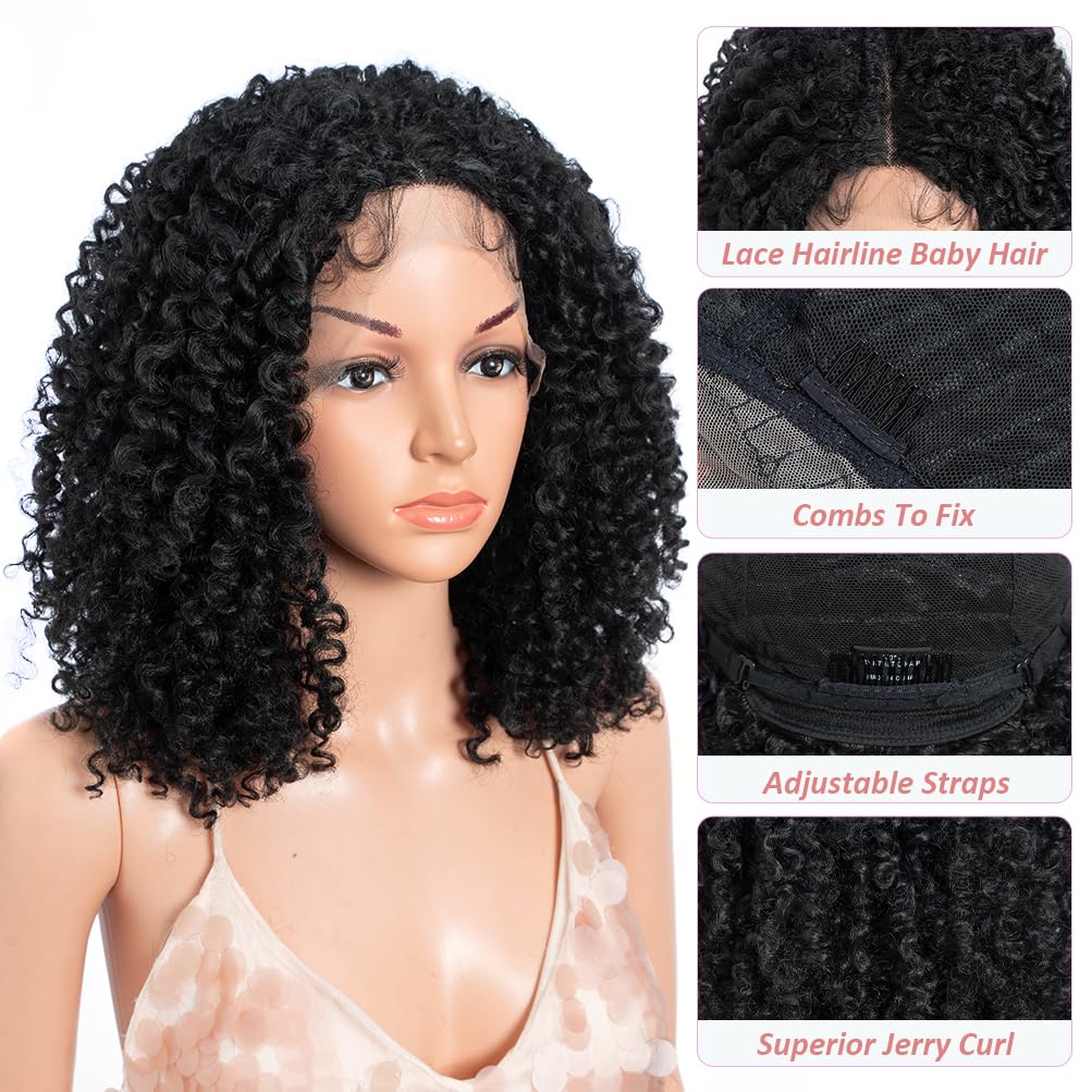 Style Icon 16 Inch Black Afro Jerry Curl Synthetic Wig Super Soft Fiber Lace Part Wig with Baby Hair Middle Part Lace Wig (16", C1B)