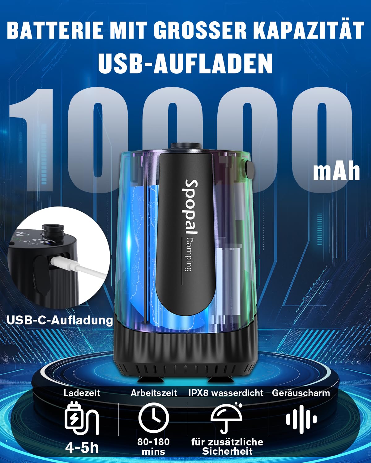 Spopal Camping Dusche 10000mAh Tragbare mit 20L Wasserkanister Akku Outdoor Set Duschkopf 2m Schlauch