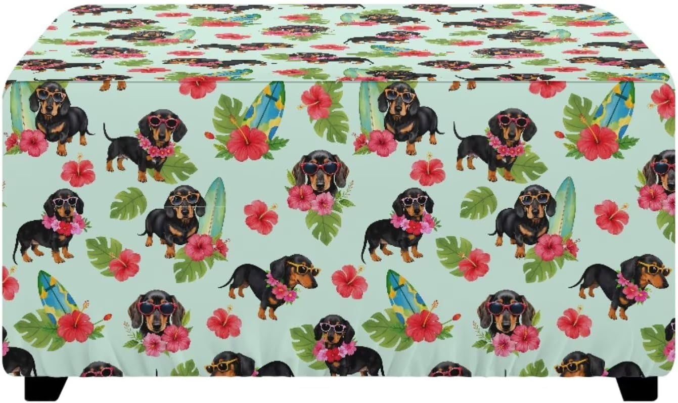 Large Ottoman Cover Dachshund Rose Pouf Foot Rest Slipcover Footstool Protector Washable Removable Footstool Cover with Elastic Band Storage Furniture Protector