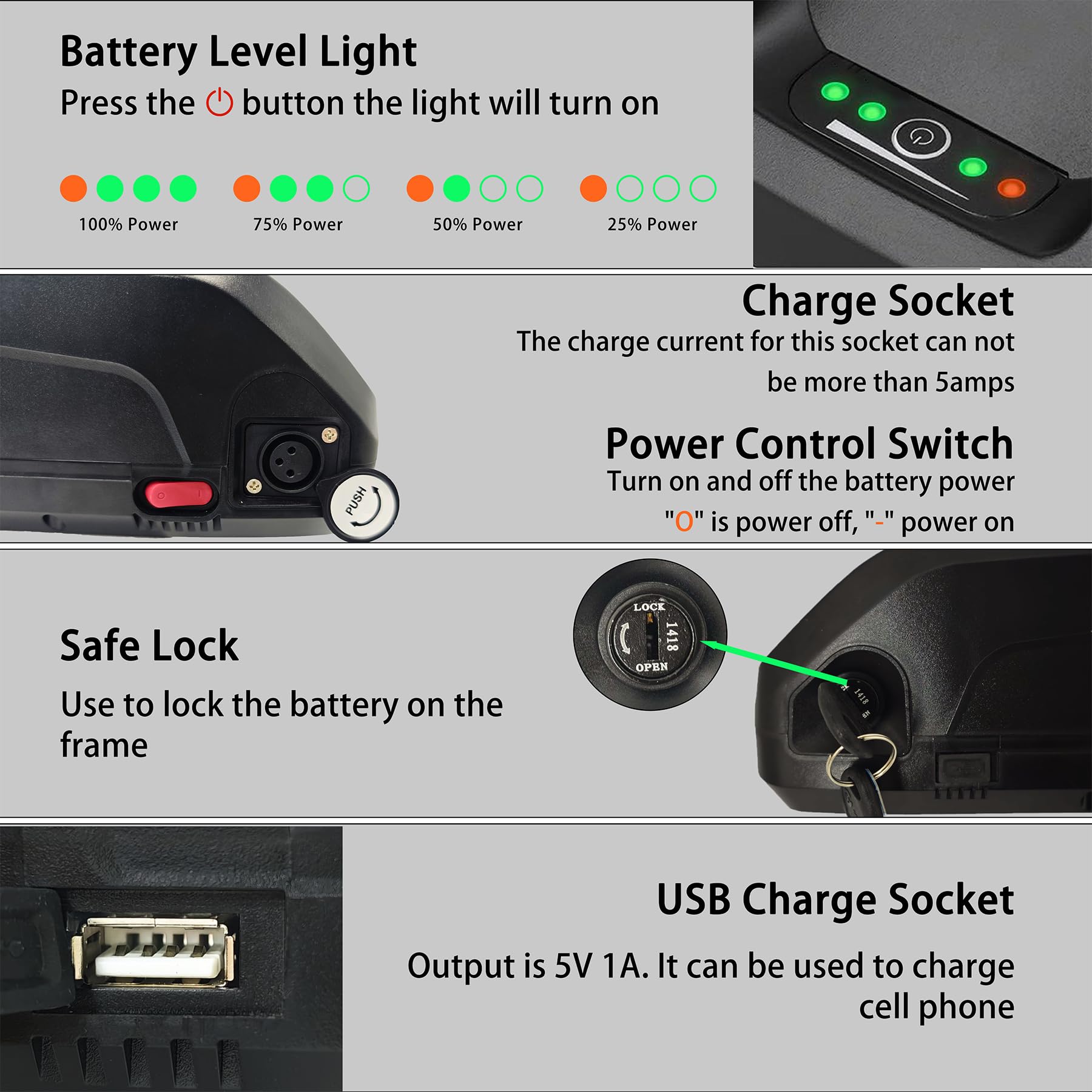 48V Ebike Battery 10Ah 16Ah 20Ah Lithium ion Battery Pack for 0-1000W Motor Electric Bicycle with 2A Fast Charger 30A BMS USB Charge Port and Lock(48V 10Ah)