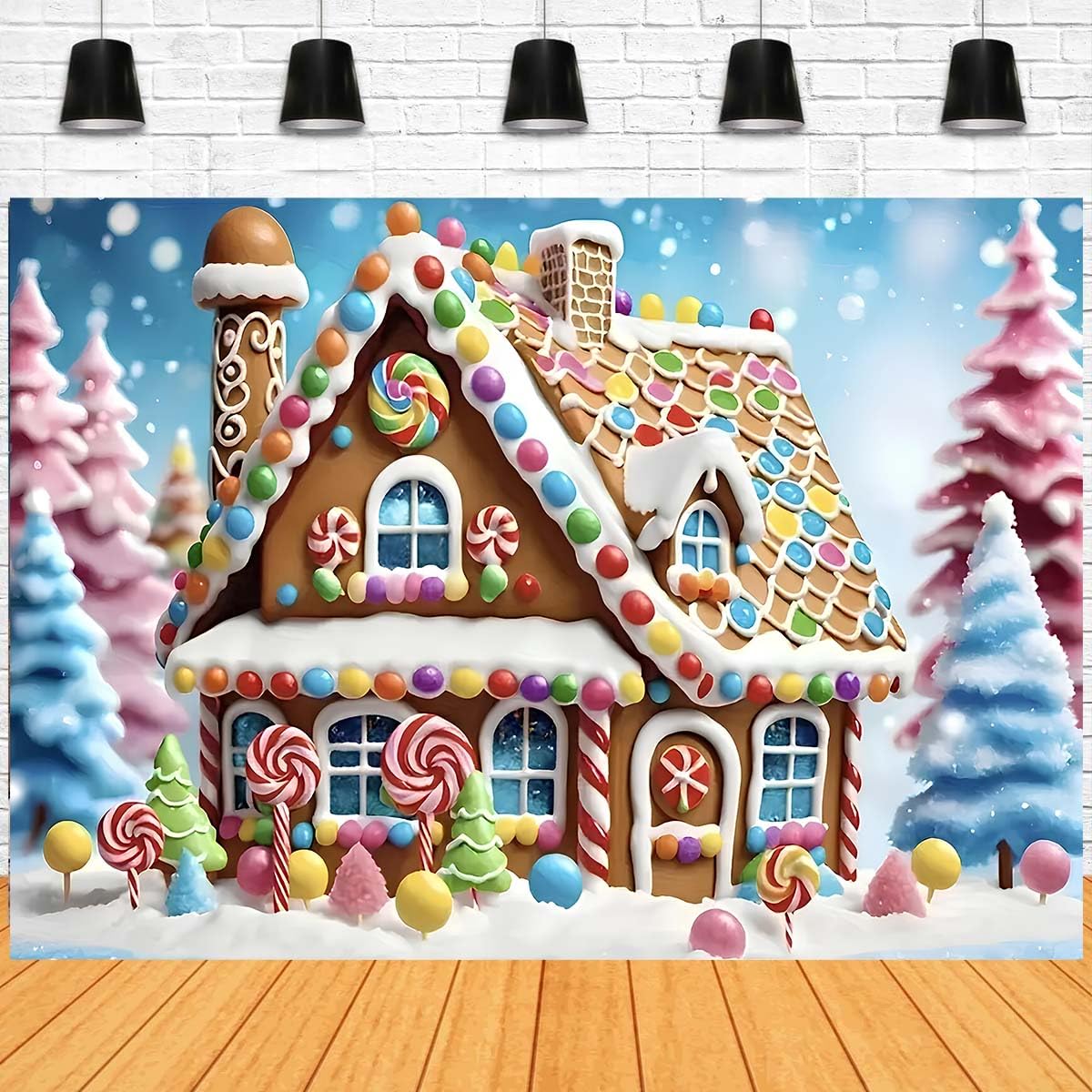 Toile de fond pour photographie de Noël en forme de maison en pain d'épices à paillettes pour échange de biscuits Candyland Hiver Flocon de Neige Toile de fond sucre d'orge Sucette Arbre Bannière