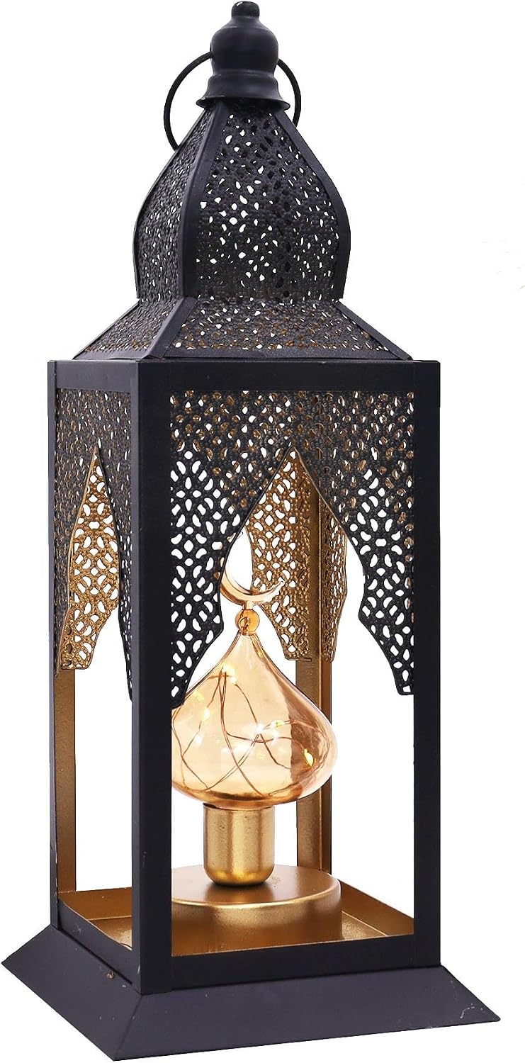 Ramadan Lantern Light for Home Decor, Eid Mubarak Ramadan Decorations, Moroccan Style Crescent Moon Metal Hollow Out Lamp for Tabletop Mantel Wall (Star)