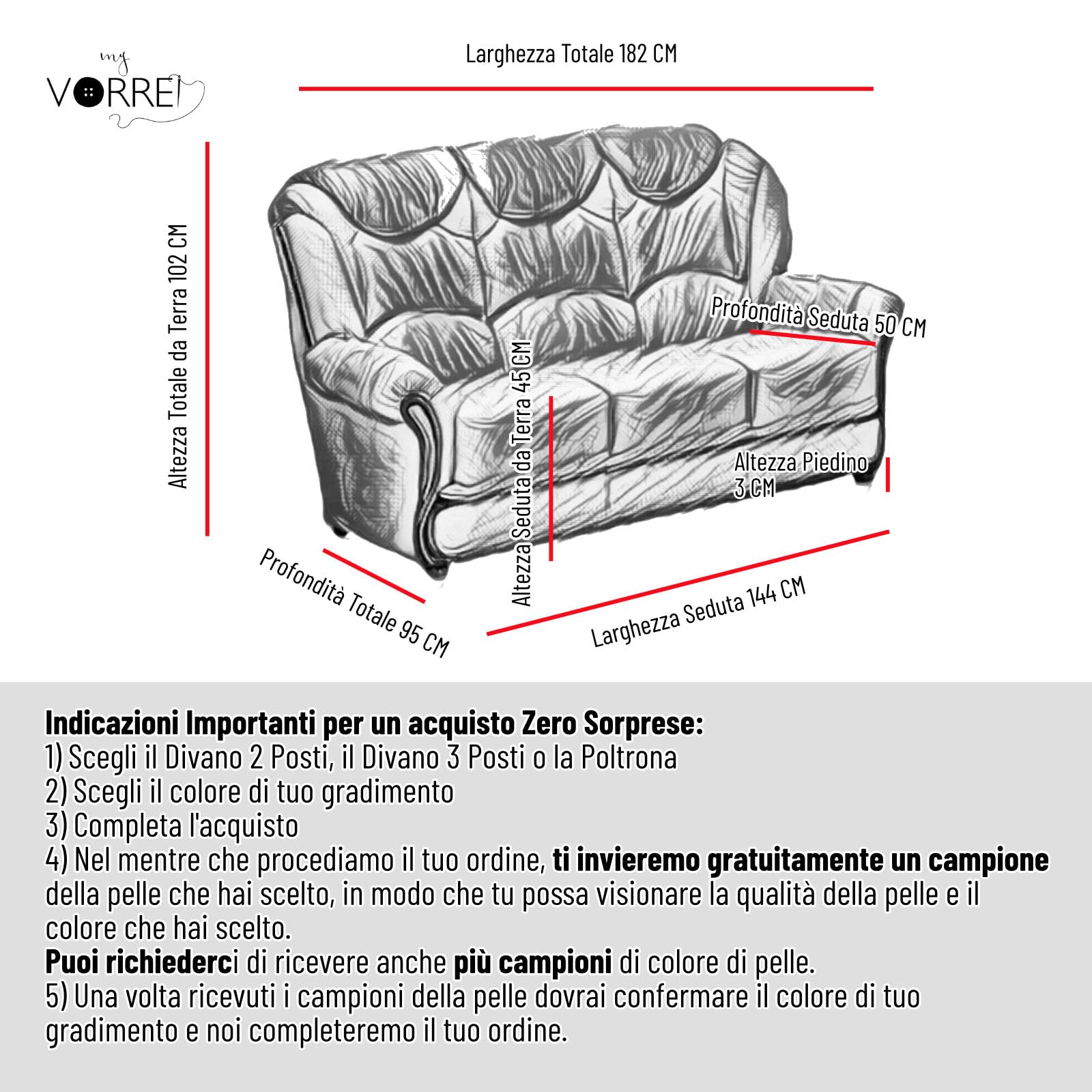 Divano 3 Posti in Vera Pelle Made in Italy cm 182x95 h 102 in 16 Colori Possibilità di spedire campioni della Pelle in Tutta Europa