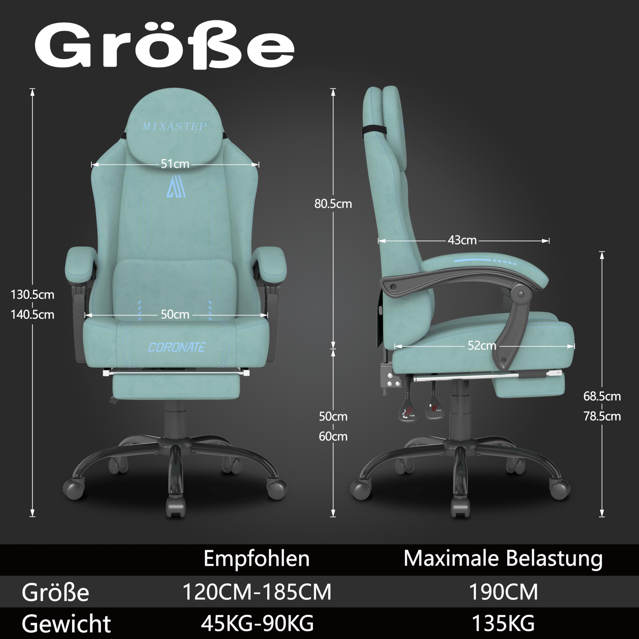 MIXASTEP Gaming Stuhl Ergonomisch mit Verstellbarer Rückenlehne & 360° Drehfunktion - Bürostuhl für Erwachsene/Jugendliche 150KG,PC-Stuhl aus Technologiegewebe in Blau für Homeoffice/Gaming