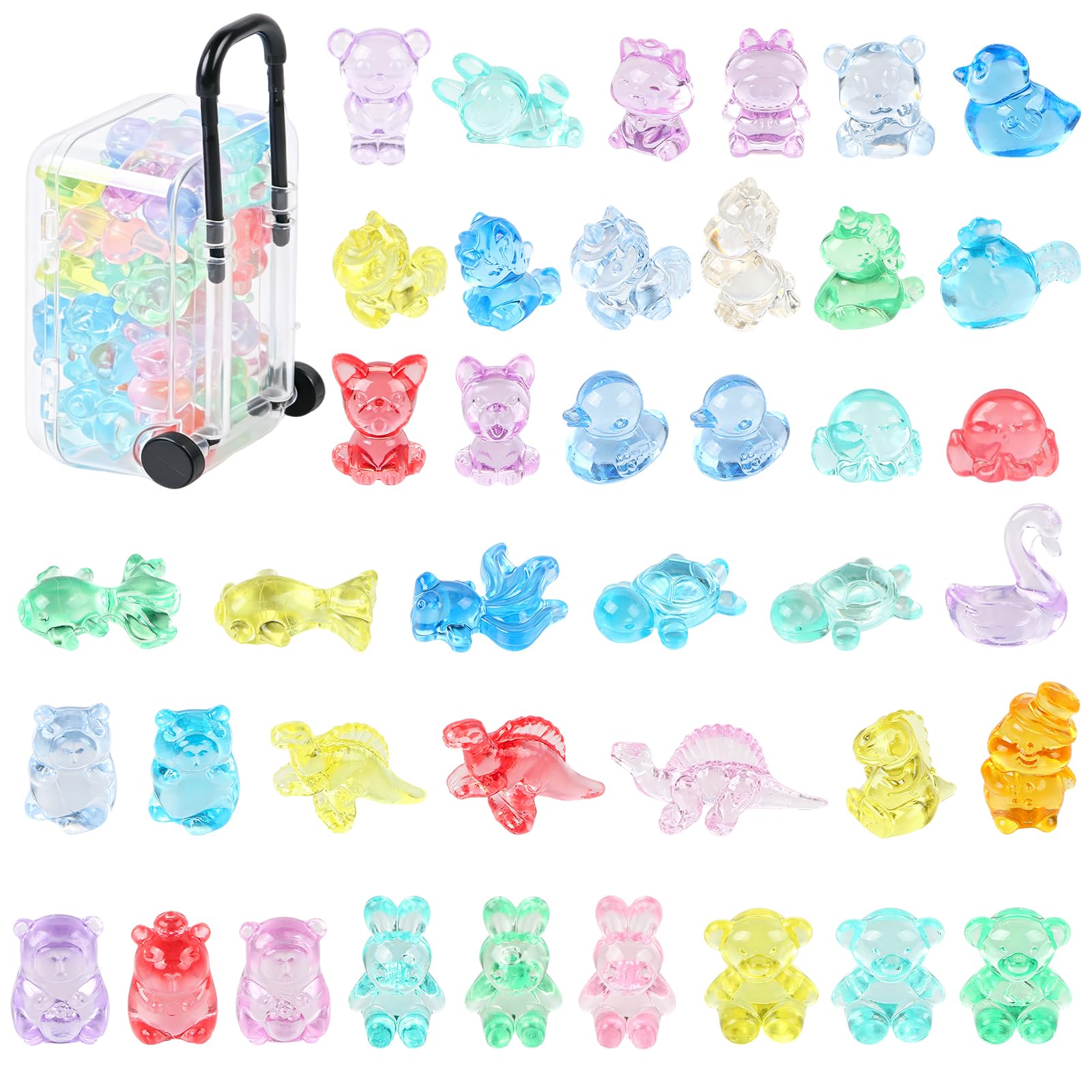 40Pcs Mini Resin Animals with Storage Case, mini suitcase box, Random Animal Figurines Set, Tiny Resin Turtle Dinosaur Bear Figures for Dollhouse Fairy Garden Aquarium Decor & DIY Craft Projects