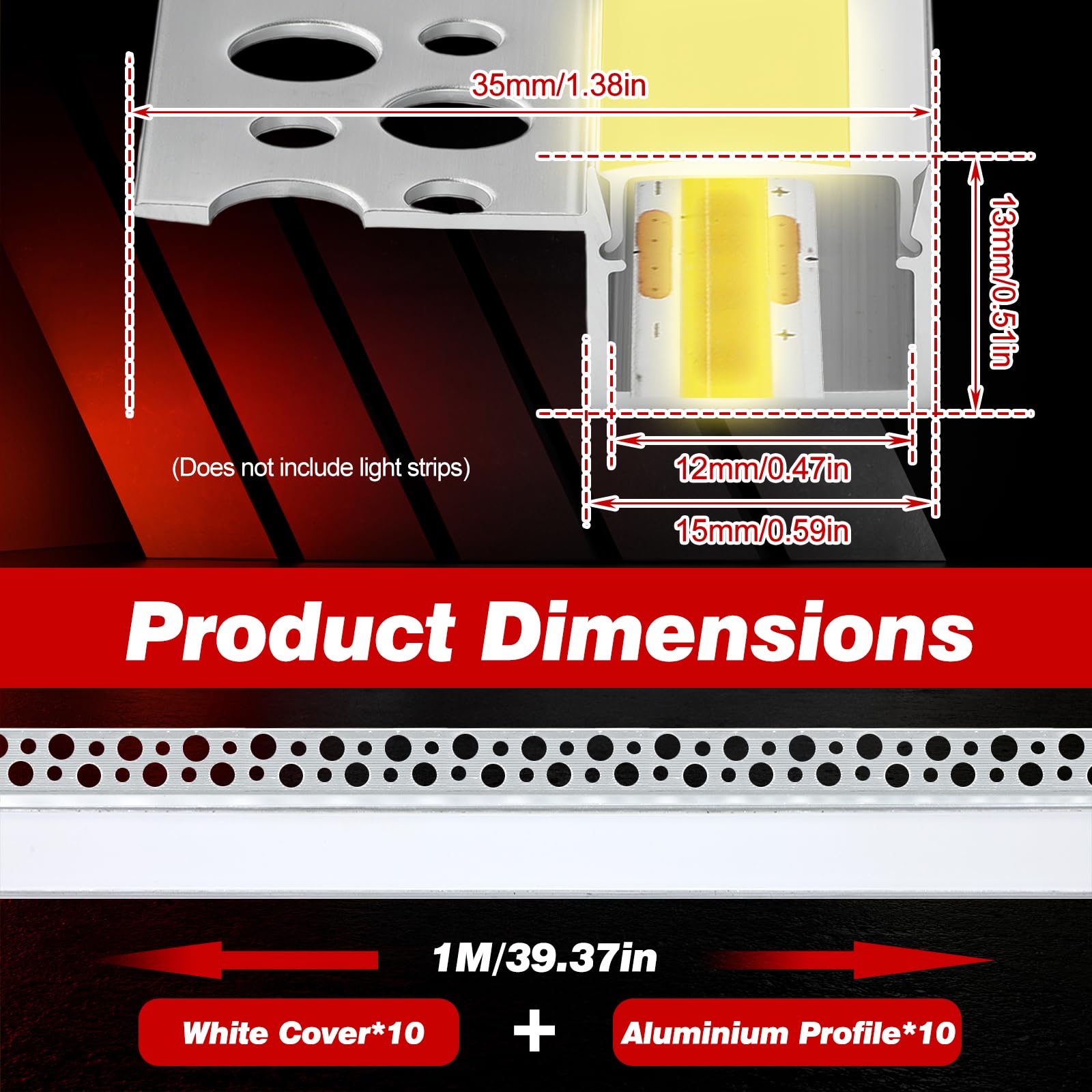 Profilo LED per cartongesso, 10 × 1 m, per strisce LED da 12 mm, profilo LED da incasso con diffusore, profilo da incasso in alluminio per cartongesso, soffitto, parete, illuminazione indiretta