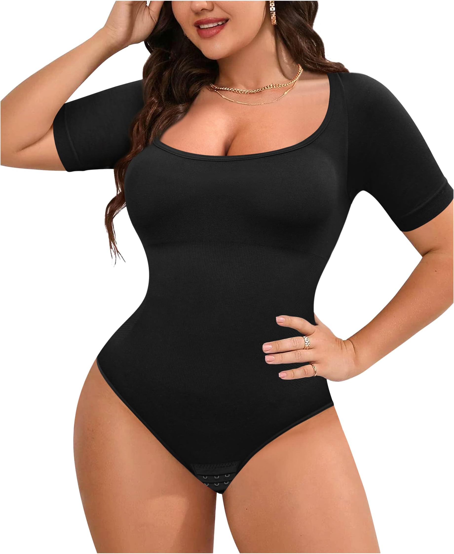 GotolyBodysuit for Women Tummy Control Shapewear Seamless Square Neck Tank Tops Short Sleeve Butt Lifting Summer Jumpsuit
