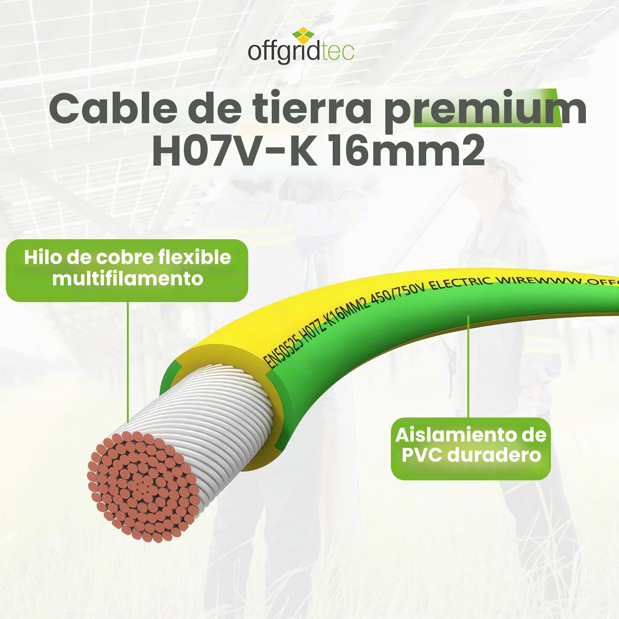 Offgridtec H07V-K - Cable de conexión a tierra (16 mm², 450/750 V, conductor de cobre fino, aislamiento XLPO y PVC, certificado HAR, instalación fija, alta flexibilidad (verde/amarillo, 15 m)