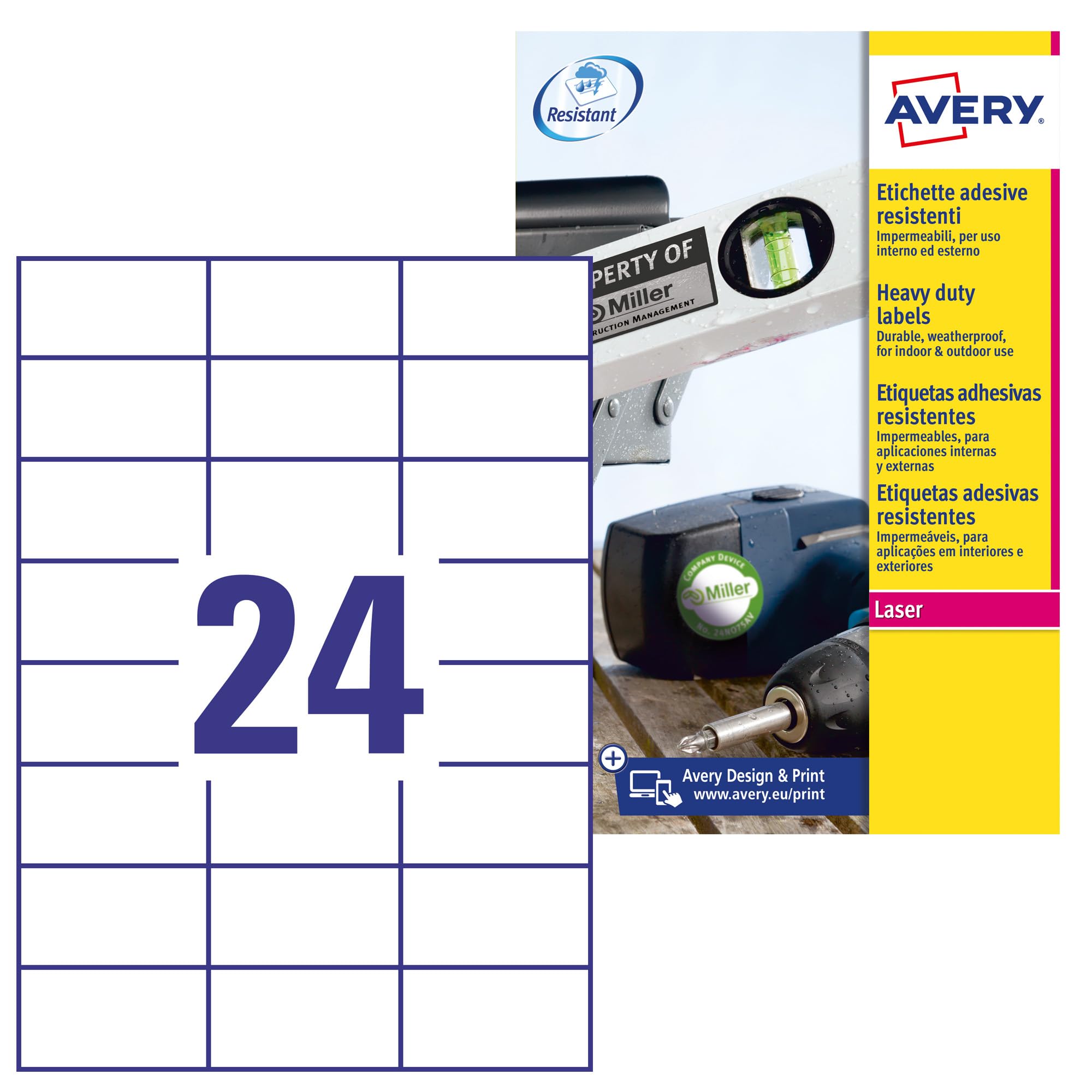 AVERY Zweckform L4718-20 Wetterfeste Folienetiketten (480 Klebeetiketten, 70x37mm auf A4, extrem stark selbstklebend, wasserfest, strapazierfähig, bedruckbare Outdoor Klebefolie) 20 Blatt, weiß