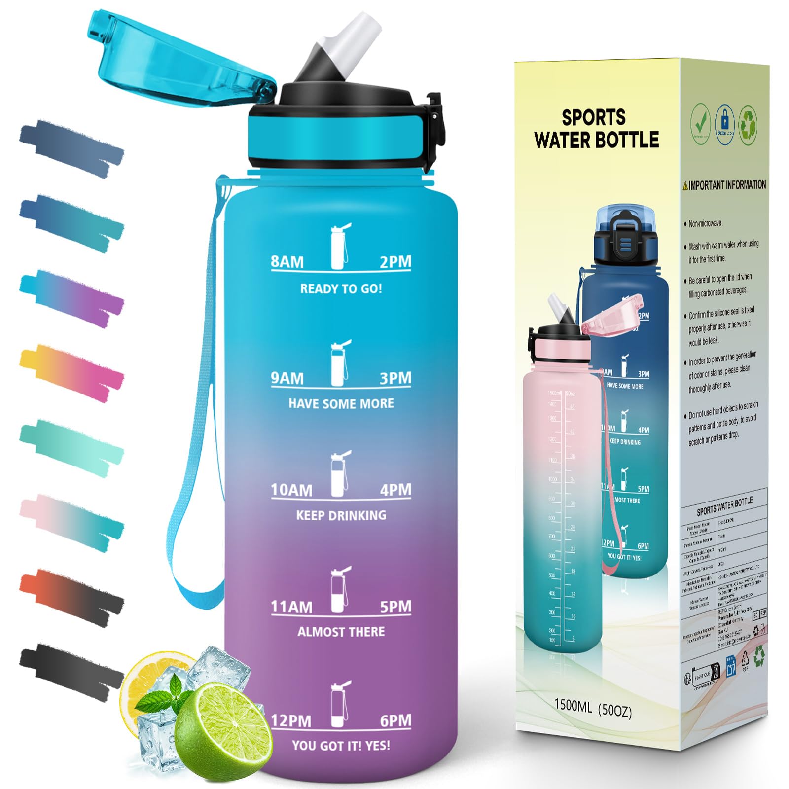 Mulbijeo Botellas de Agua, 1 Litro BPA Free, Botella Gimnasio, con Escala de Tiempo Motivacional, Cantimplora, Reutilizable, Garrafa de Agua, Ideal para Escuela, Oficina, Deporte, Botella con Pajita — view 18