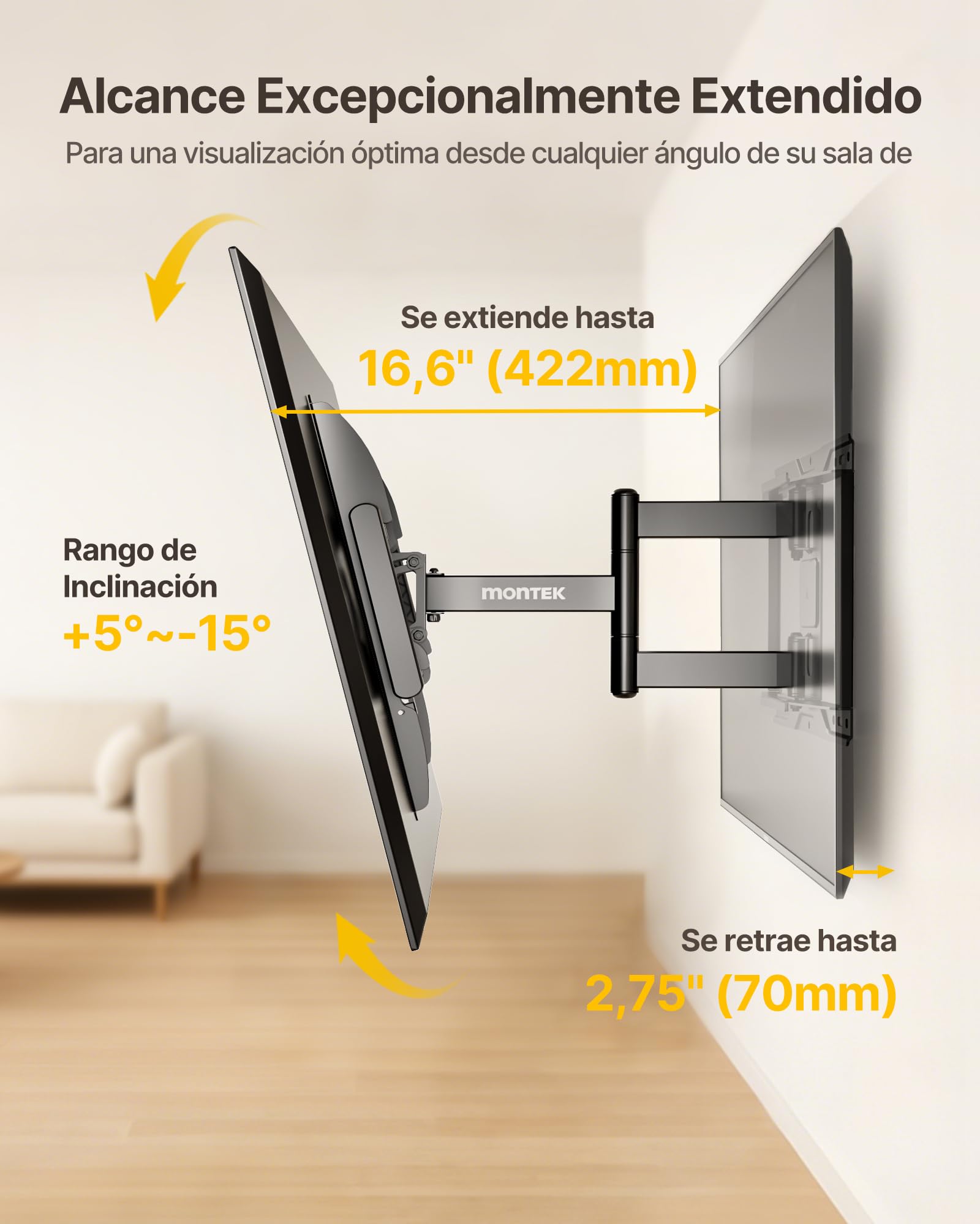 monTEK Soporte TV de Pared 37~84", VESA 600×400mm Máx. Carga Máx.50Kg | Soporte De Televisor De Pared, Soporte De Pared,Brazo Articulado,Inclinación,Rotación,Movimiento completo