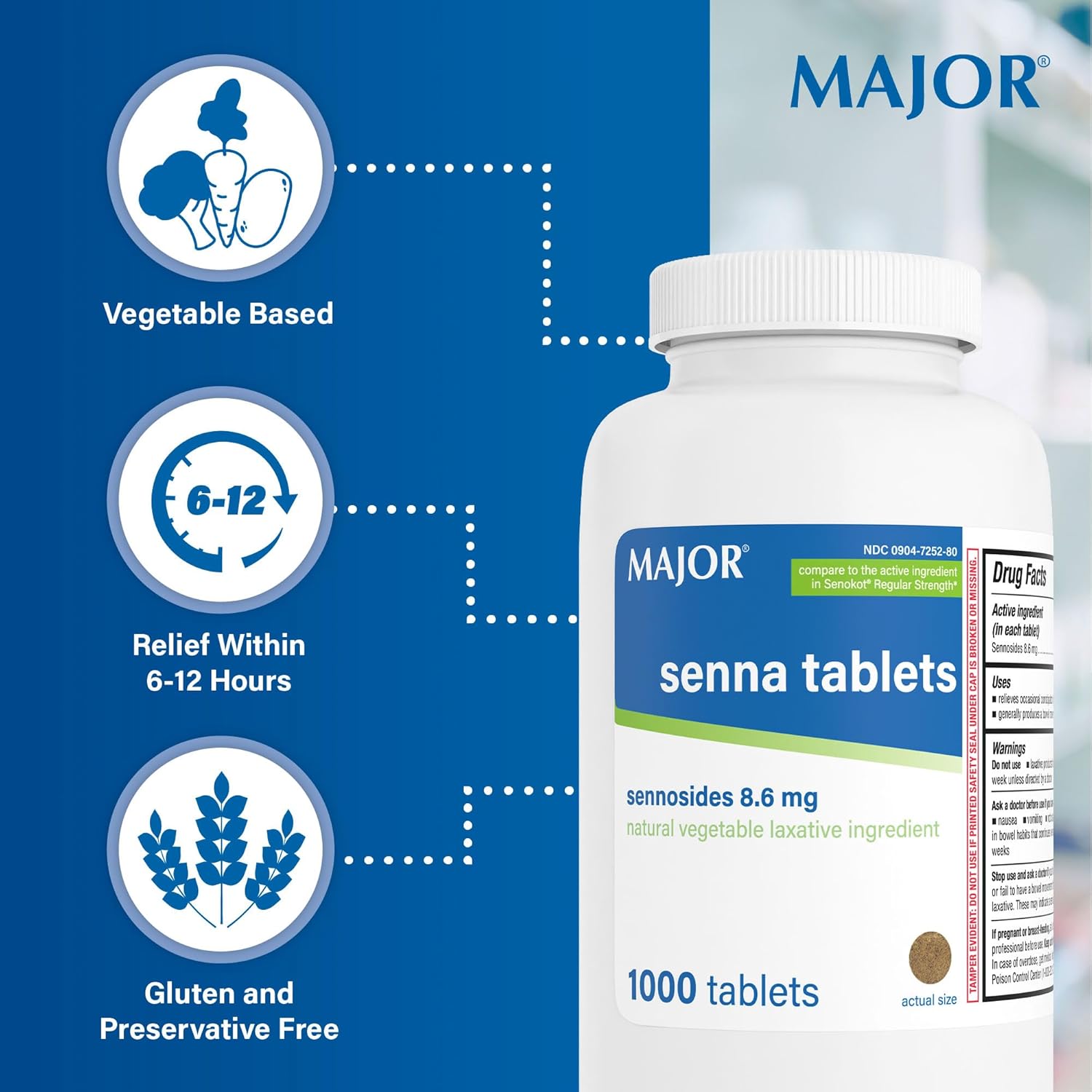 MAJOR Senna 8.6 mg Natural Vegetable Laxative Tablets - Made with Sennosides - 1000-Count (3-Pack)