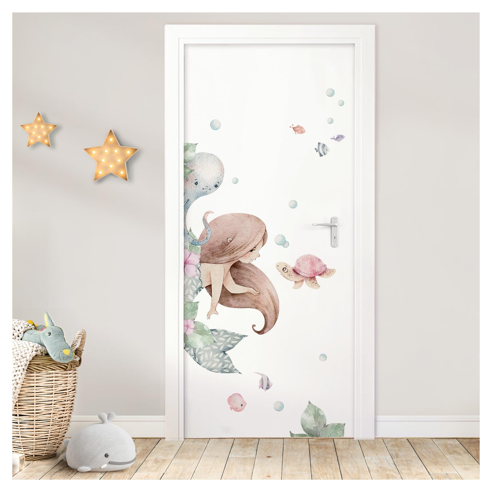 Sticker mural pour porte motif sirène créant une ambiance aquatique magique