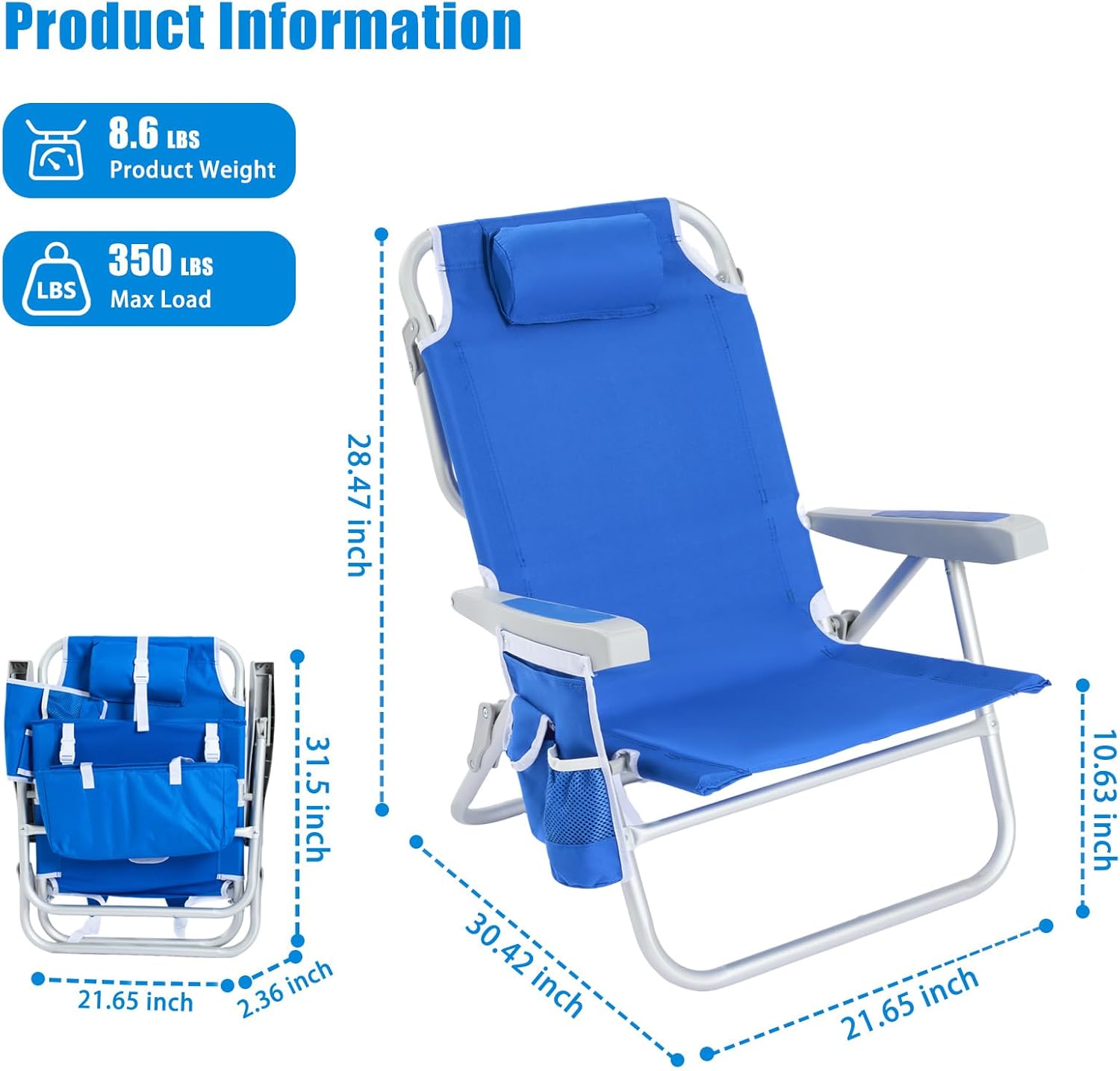 SUNNYFEEL Low Beach Chair 5 Position Lay Flat, Portable Folding Backpack Beach Chairs Heavy Duty with Cooler Bag, Cup Holder for Outdoor/Lawn/Trip/Picnic/Fishing, Foldable Camping Chair (New Blue)