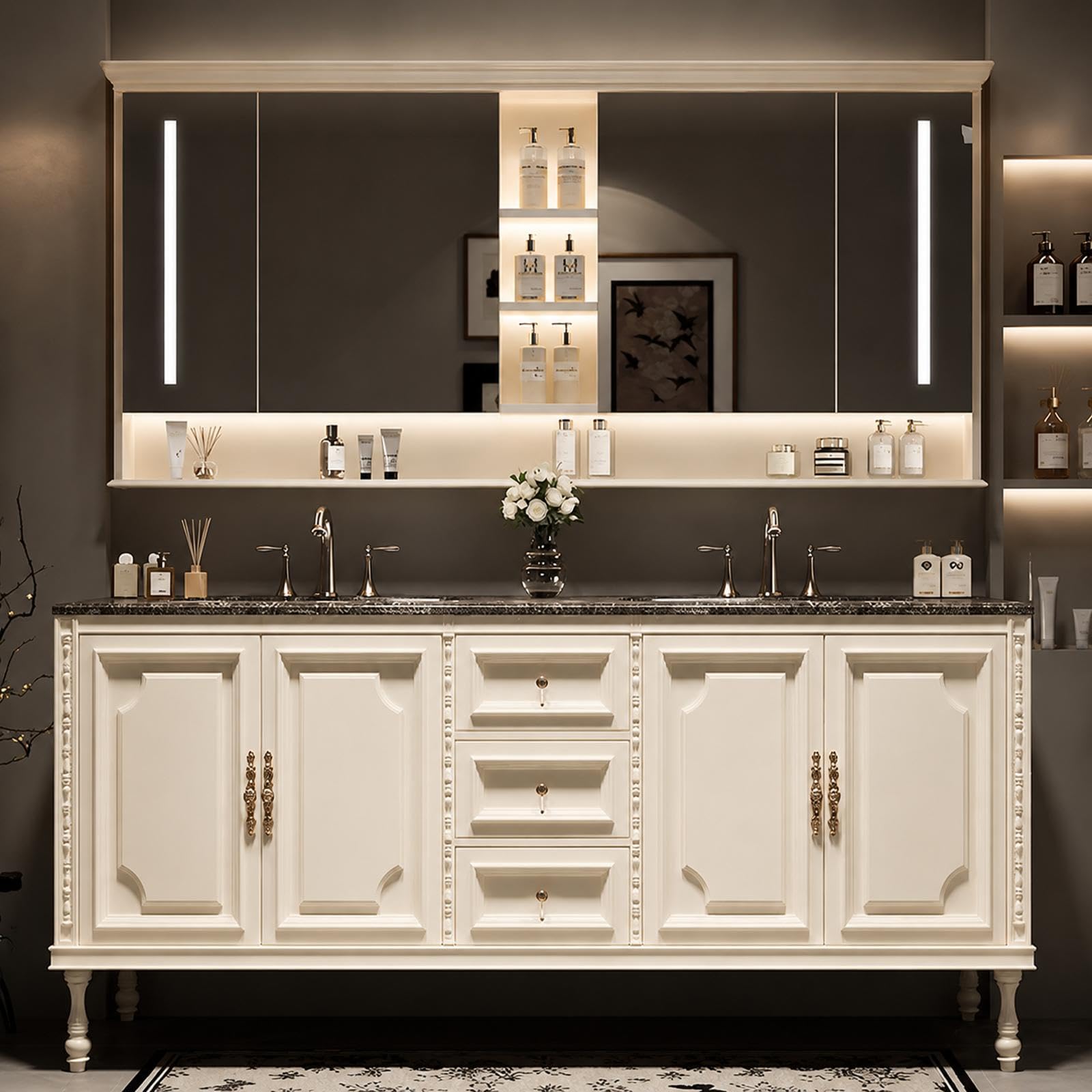 Moderno juego de tocador de baño de doble lavabo con lavabo de cerámica, espejo antivaho independiente y armario de madera maciza, fácil no requiere montaje, perfecto para hogares contemporáneos.