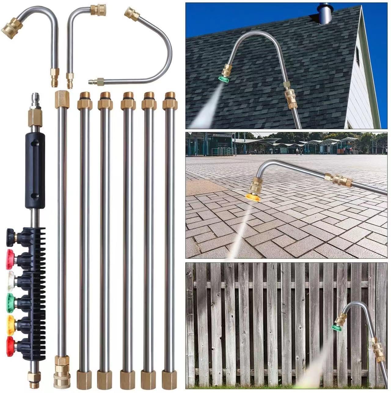 Asticciatore di Pressione, Asta Estensione con 6 Ugelli, Set Tubo Rigido e Curvo con Attacco Rapido 6,4mm per Pulizia Auto, Giardino