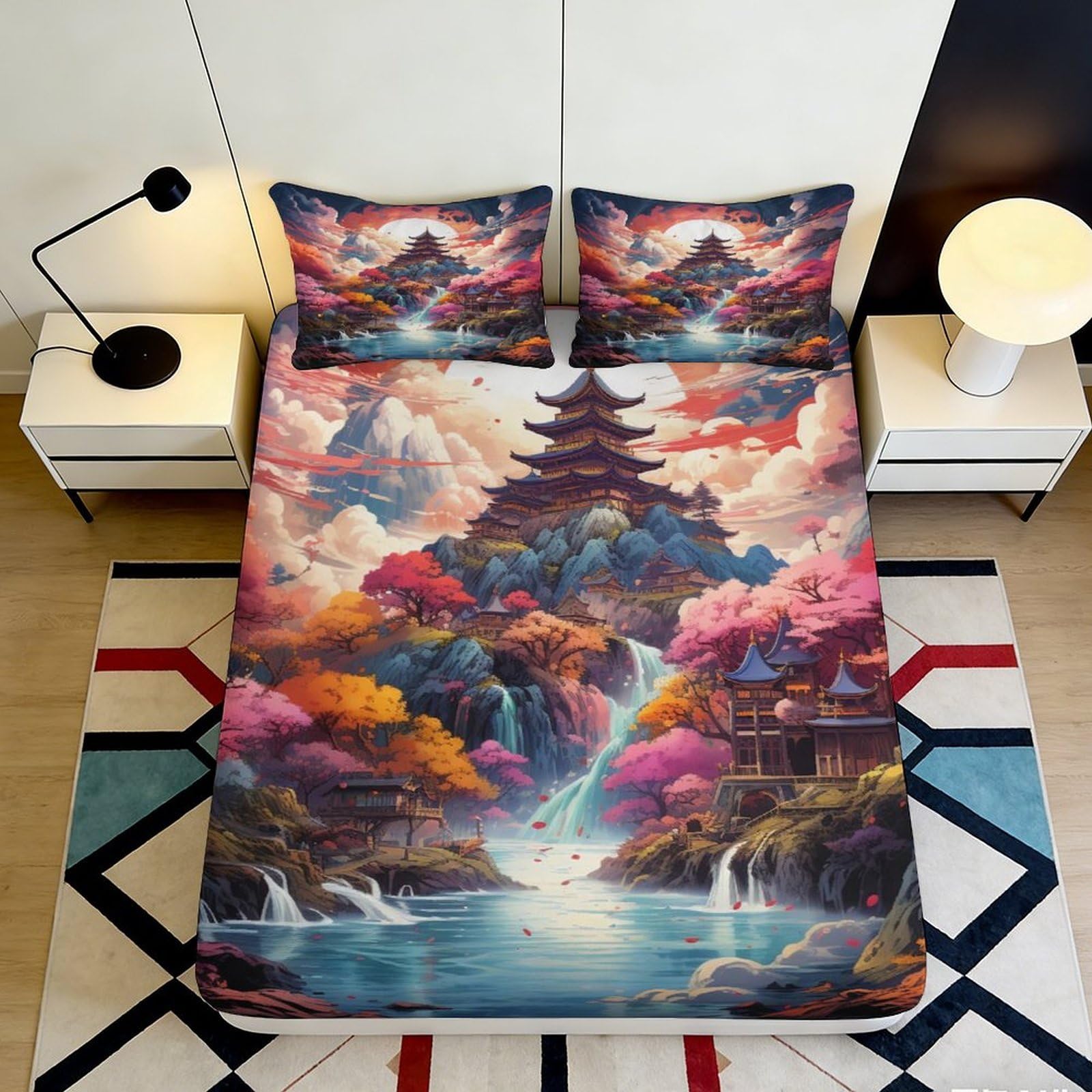 3D Printed Japanese Pagoda Fitted Sheet Microfiber Colorful Waterfall Sakura Bed Cover for Bedroom Guest Room Decor 90x200x25cm