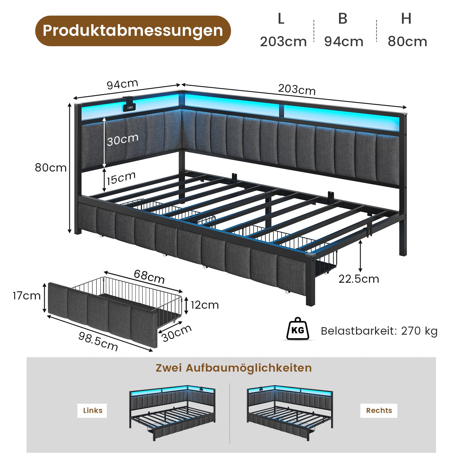 DICTAC Polsterbett Schlafsofa 90x200 mit LED-Beleuchtung und USB-Ladestation, Jugendbett Tagesbett 90x200 mit Lattenrost aus Metall und 2 Schubladen, Gästebett,Bettgestell - Ohne Matratze,Dunkelgrau