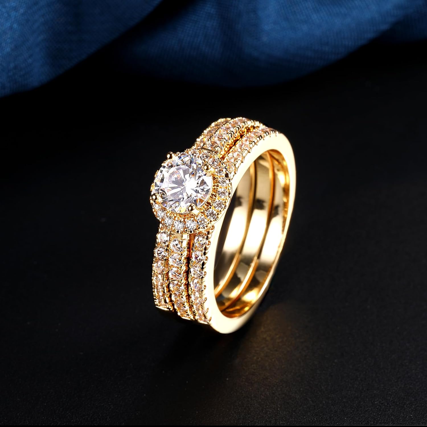 MDFUN Three in One Round/Oval/Eye/Teardrop Halo Wedding Bands Set Engagement Rings 18K Yellow Gold Plated Cubic Zirconia Promise Eternity Band for Women Size 5-10 - Image 3