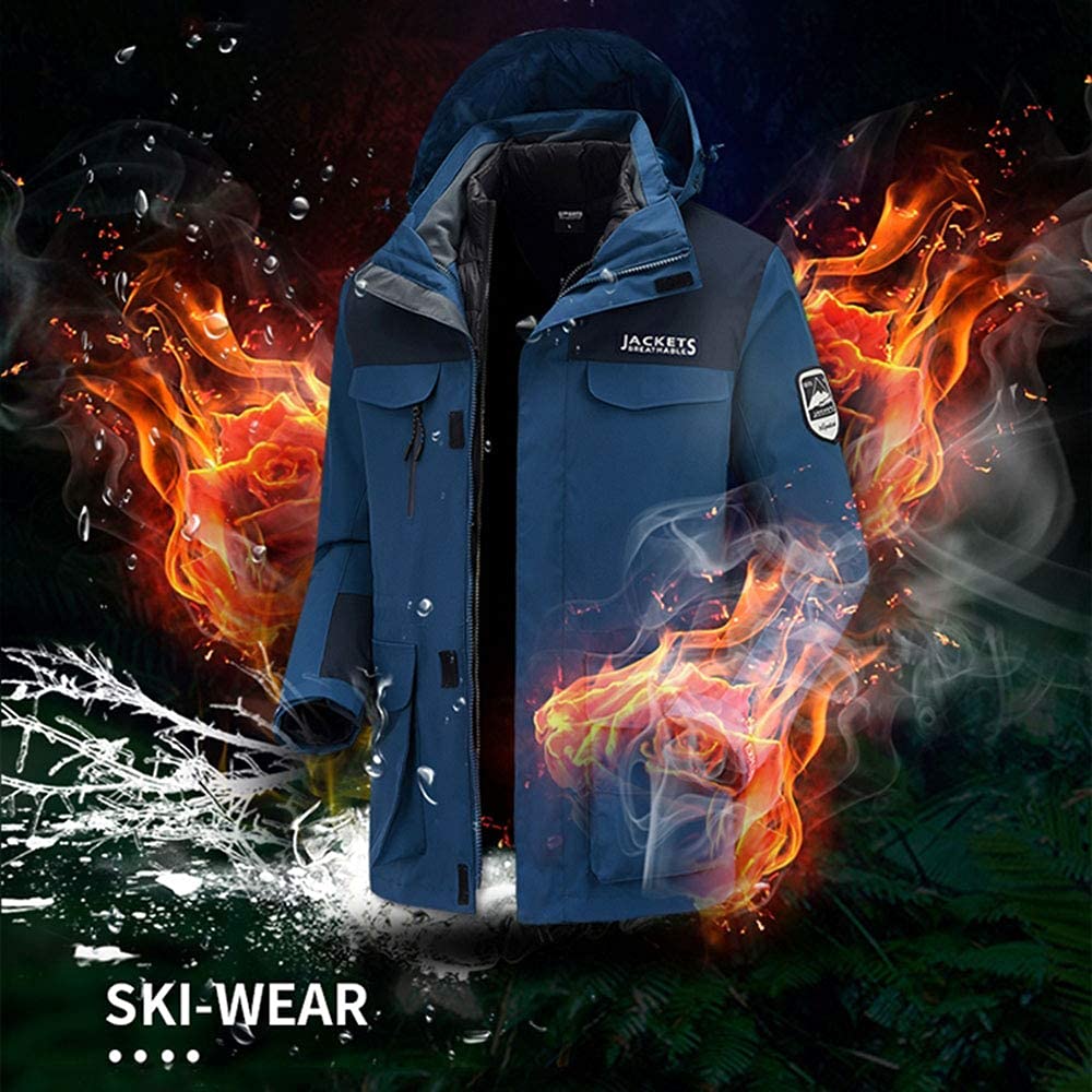 MU Hombre Impermeable 3 en 1 Chaqueta de Esquí Abajo Chaqueta Abrigo de Invierno Caliente Chaquetas de Snowboard a Prueba de Viento con Capucha Desmontable Abrigo de Montaña/Blue/4Xl