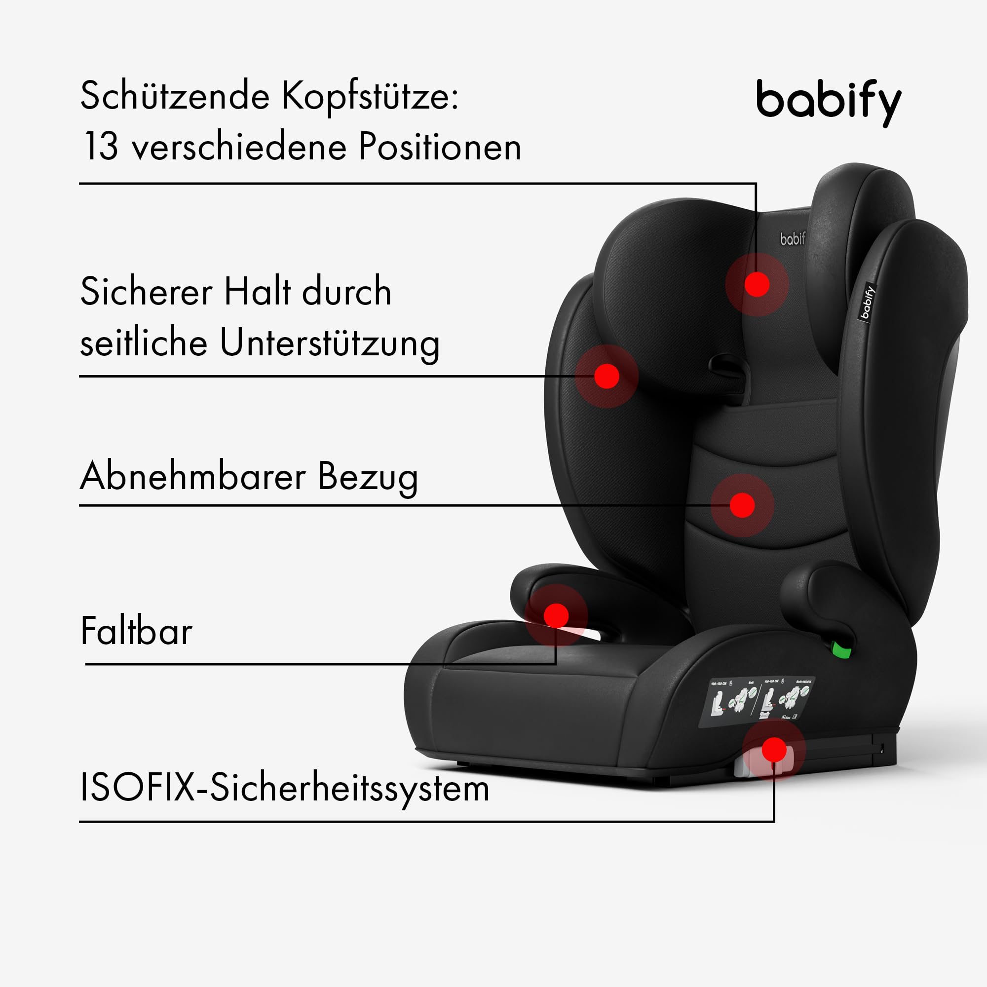 Babify FlexiFit Basic Kindersitz 15–36 kg - ECE R129, Isofix, 13-Fach Verstellbare Kopfstütze, Faltbares Design, Waschbarer Bezug, Auto Kindersitz Ab 3 Jahren, Schwarz