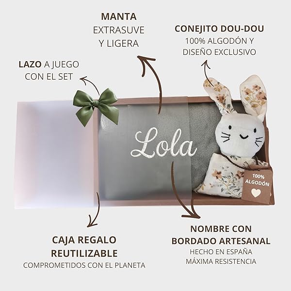Manta Bebé Personalizada Nombre Bordado + Dou-Dou 100% Algodón - Fina y Ligera para Verano. Regalo Recién Nacido Niño Niña - Manta Suave y Peluche - Regalo Padres y Mamás Primerizas (Verde) - 4