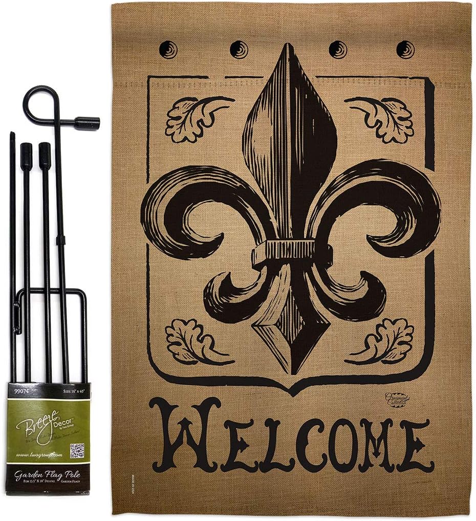 Welcome Fleur De Lys Burlap Garden Flag Set Wall Holder Country Living Vintage Flower Lily Lis French Party Mardi Small Decorative Gift Yard House Banner Double-Sided Made In USA 13 X 18.5