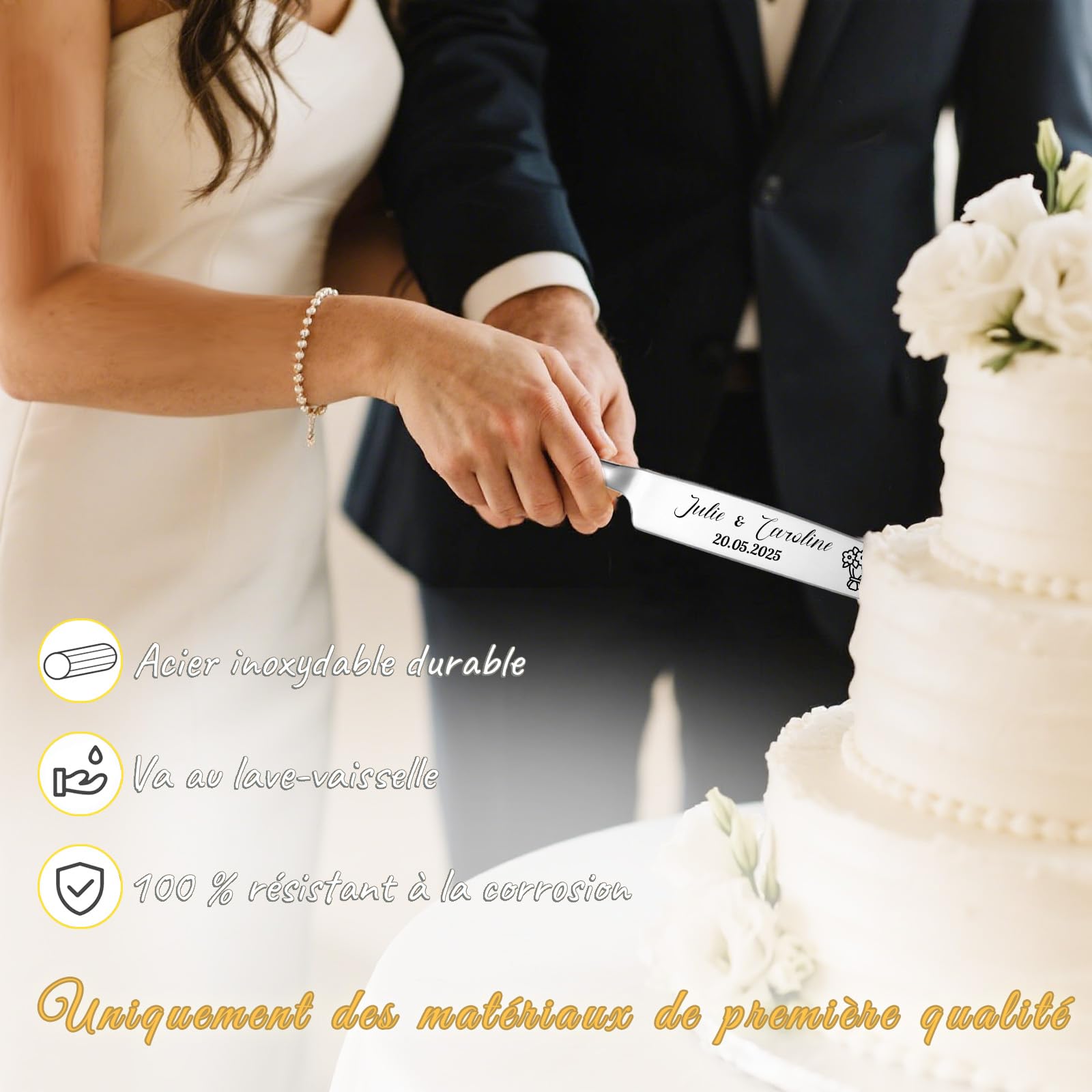 Ensemble Couteau et Pelle à Gâteau Gravés pour Mariage - Personnalisation avec Vos Noms et Date - Cadeau Personnalisé pour Anniversaire, Saint-Valentin ou Noël (Couteau Ã GÃteau en Argent)