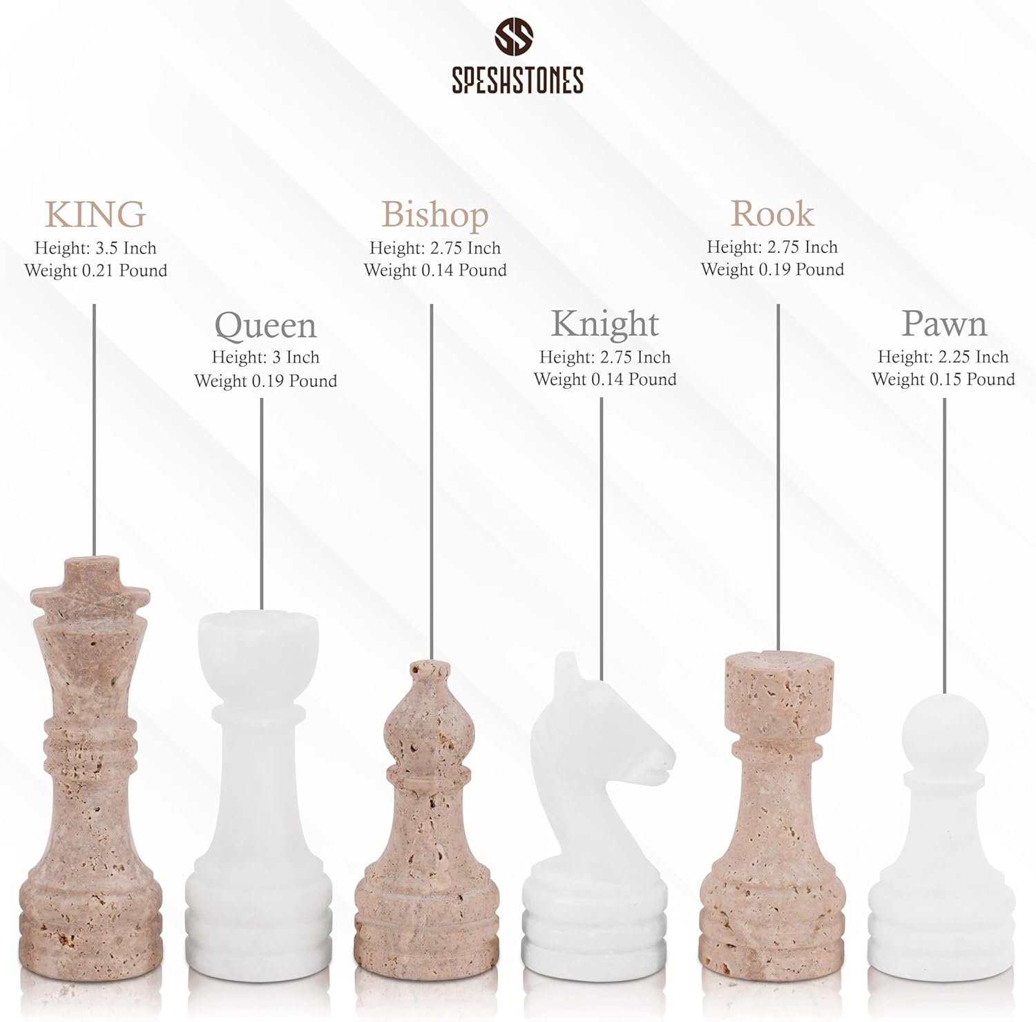 Marble Chess Pieces 3.5 Inch Travertine and White Stone Chess Figures for Chess Board, Draughts & Travel Set, Ideal Strategy Board Games for Adults & Table Top Game Accessories