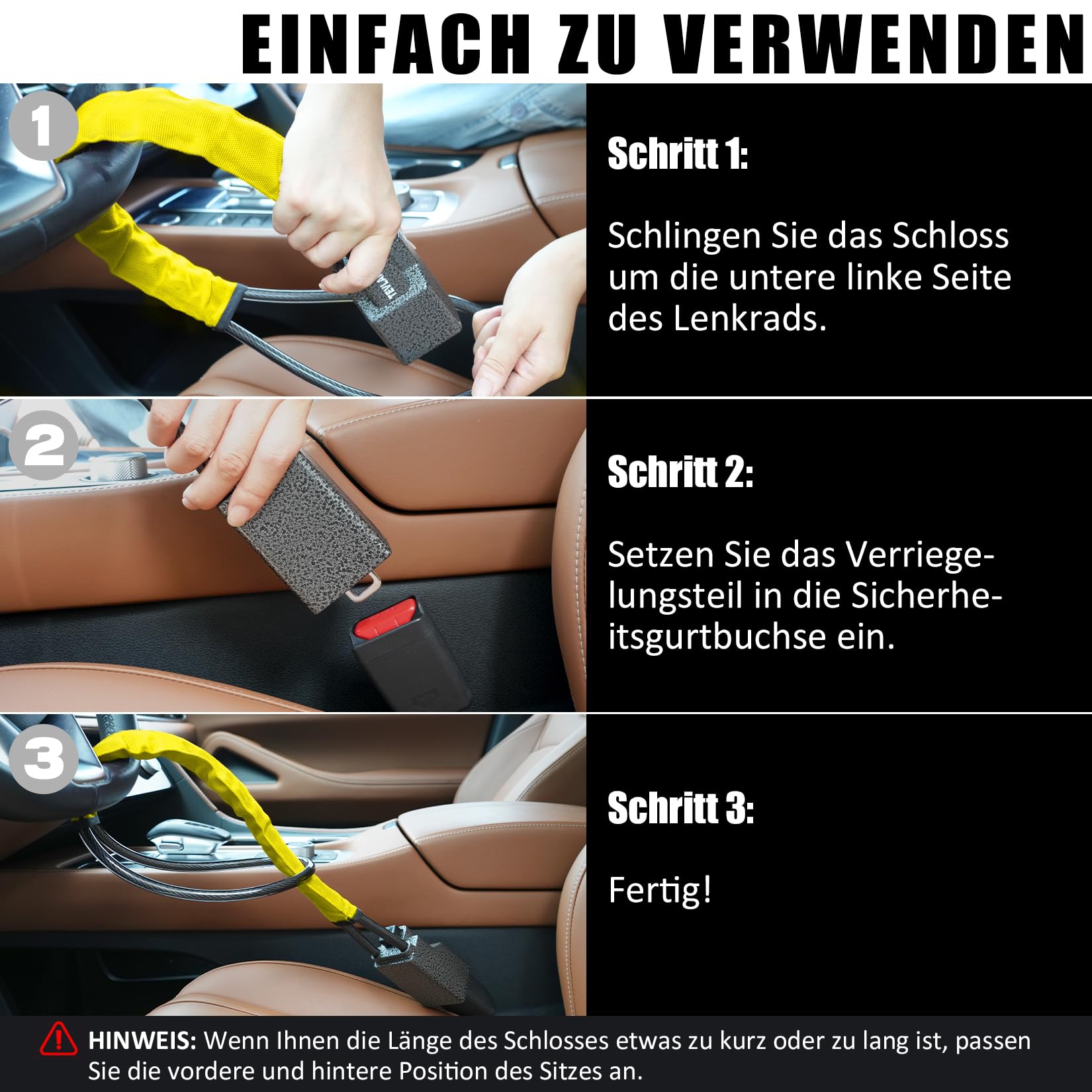 Tevlaphee Lenkradkralle Aufgerüstetes, Lenkradschloss für Auto, Metallkopf, Sichtbares Auto-Diebstahlschutzgerät, Robuste Ausführung, Universelle Passform, 3 Schlüssel (Gelb)