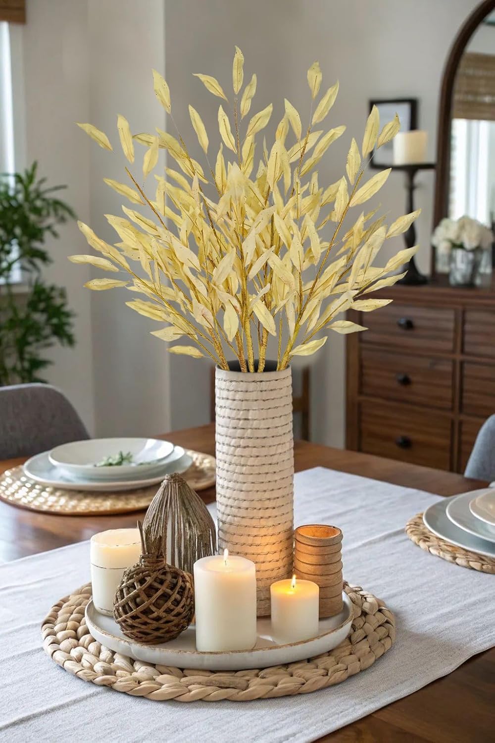 5 Pcs Artificial Fall Eucalyptus Leaves Greenery Stems for Home Vase Decor, 35" Fake Leaf Branches Plants for Autumn Floral Arrangements, Wedding, Thanksgiving & Party Table Centerpieces, Beige Yellow - Image 4