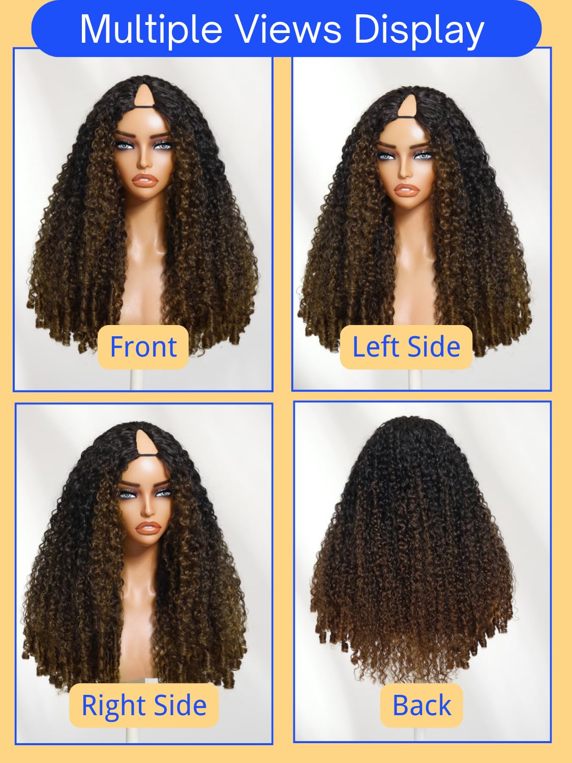 Nadula Ombre Brown V Part Curly Drawstring Wig Human Hair with Finger Coil Ends No Leave Out, Glueless Chestnut Brown Highlight Clip in Easicontour Vpart Wig Ready to Go Beginner Friendly 20inch