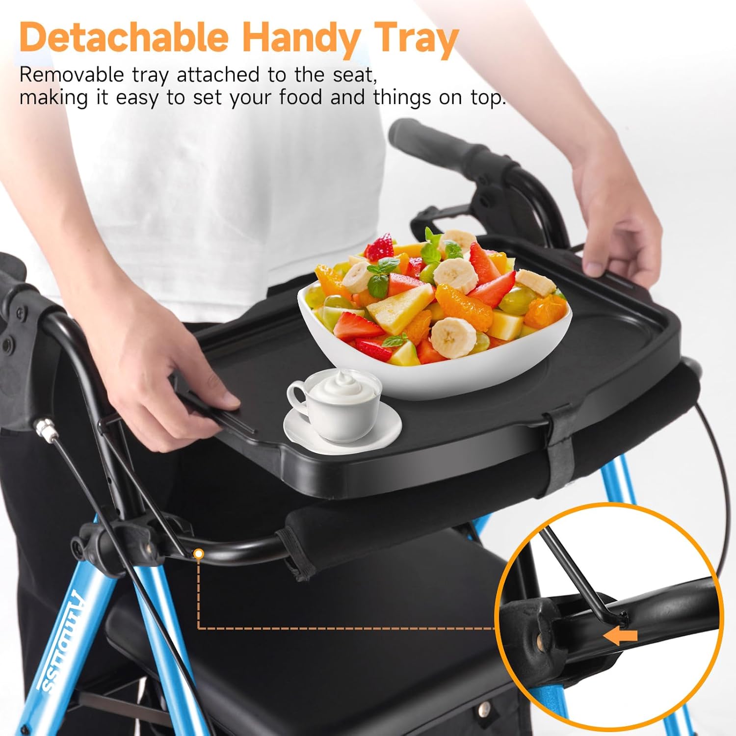 Ambliss Rollator Walker with Seat & Tray, 300 lbs Weight Capacity, 8" Wheels Dual Height Ajustable, Foldable Rolling Walker for Seniors with Basket, Handles Brake Rollator Walker for All-Terrain Blue-(8 Inch Wheel With Tray)