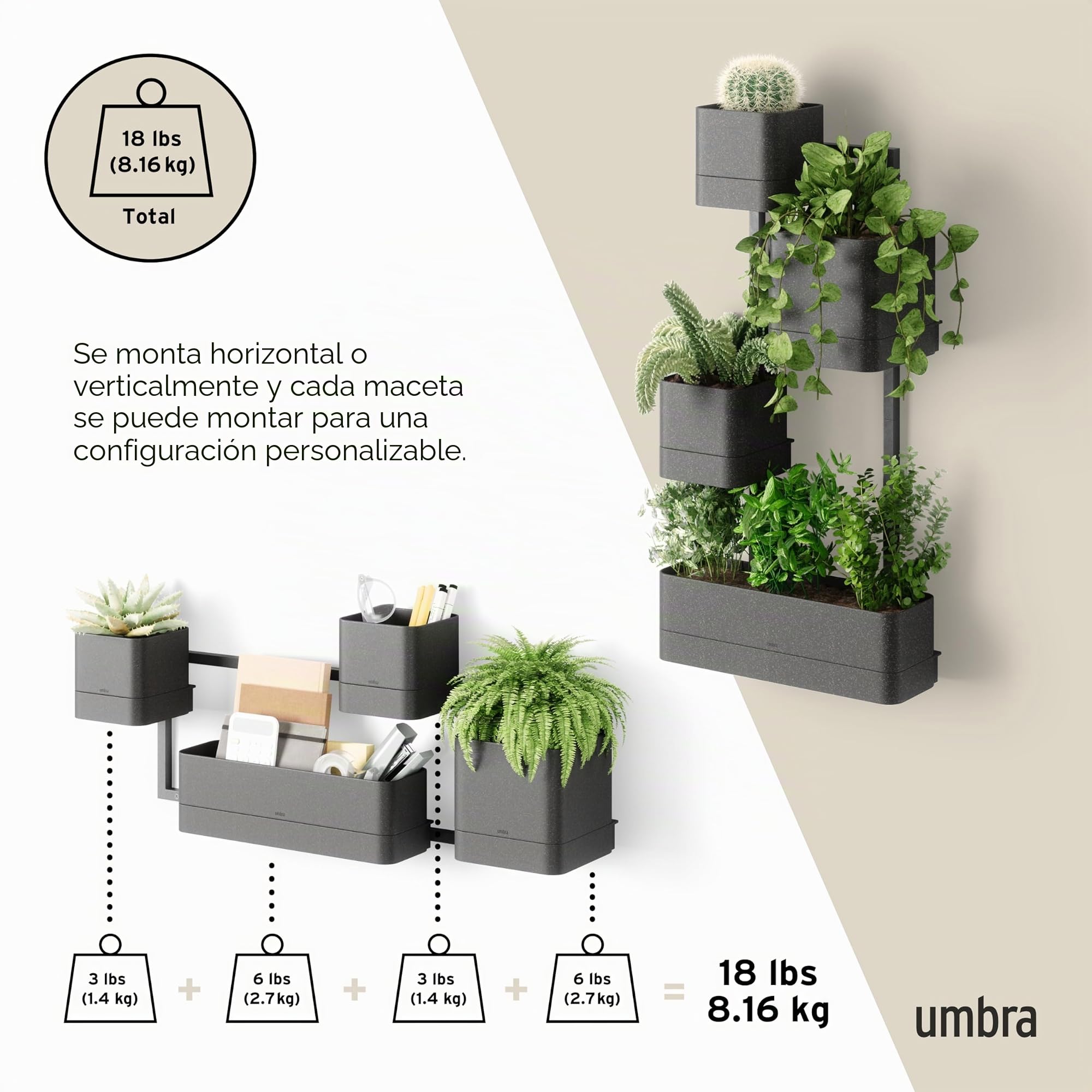 Umbra Cubiko Macetero de Pared, Soporte de Metal geométrico, Negro