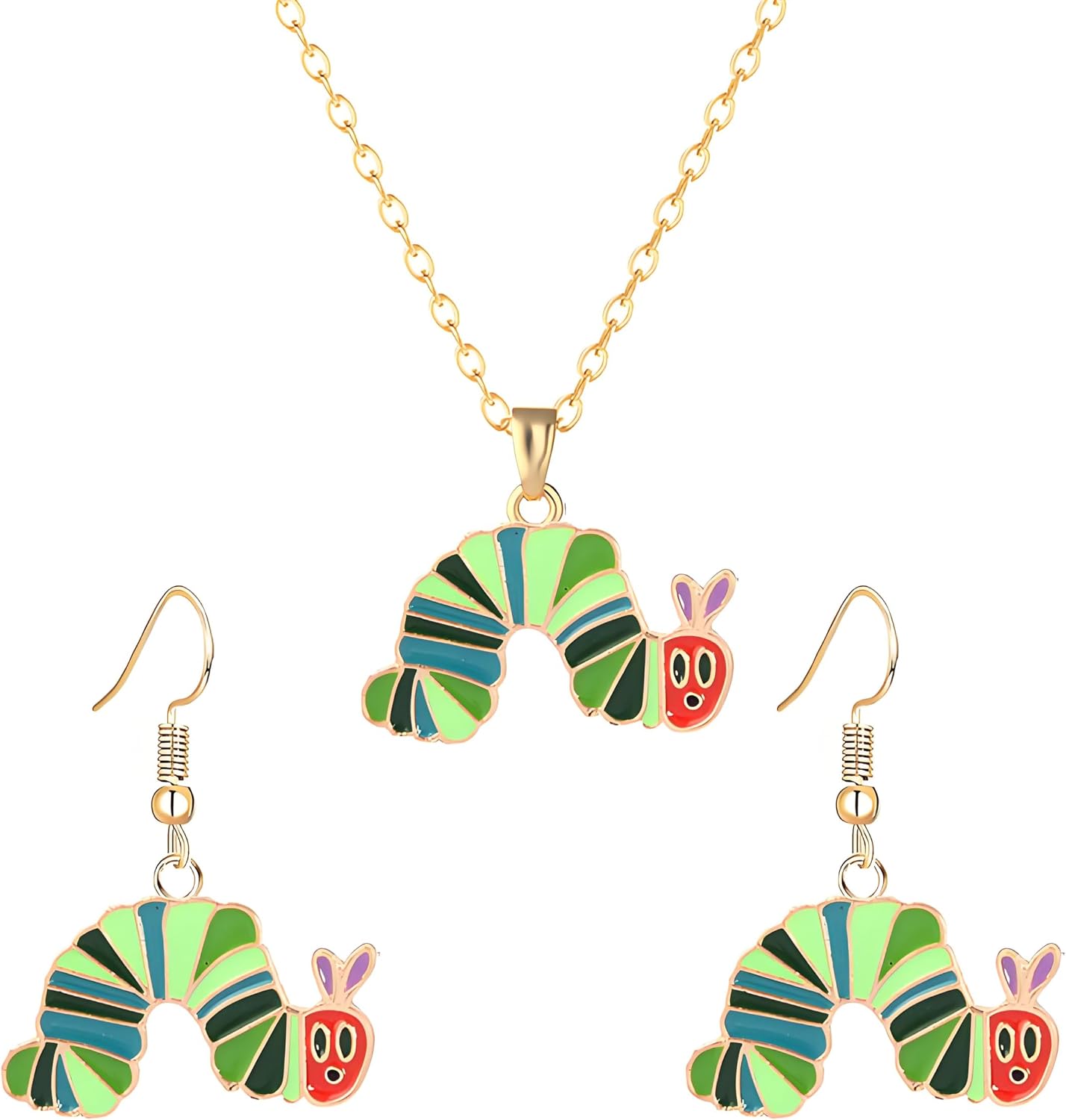 Dreuyet Caterpillar Earrings Necklace Set for Women Cute Green Caterpillar Charm Pendant Cartoon Animal Aesthetic Earring Jewelry Gifts