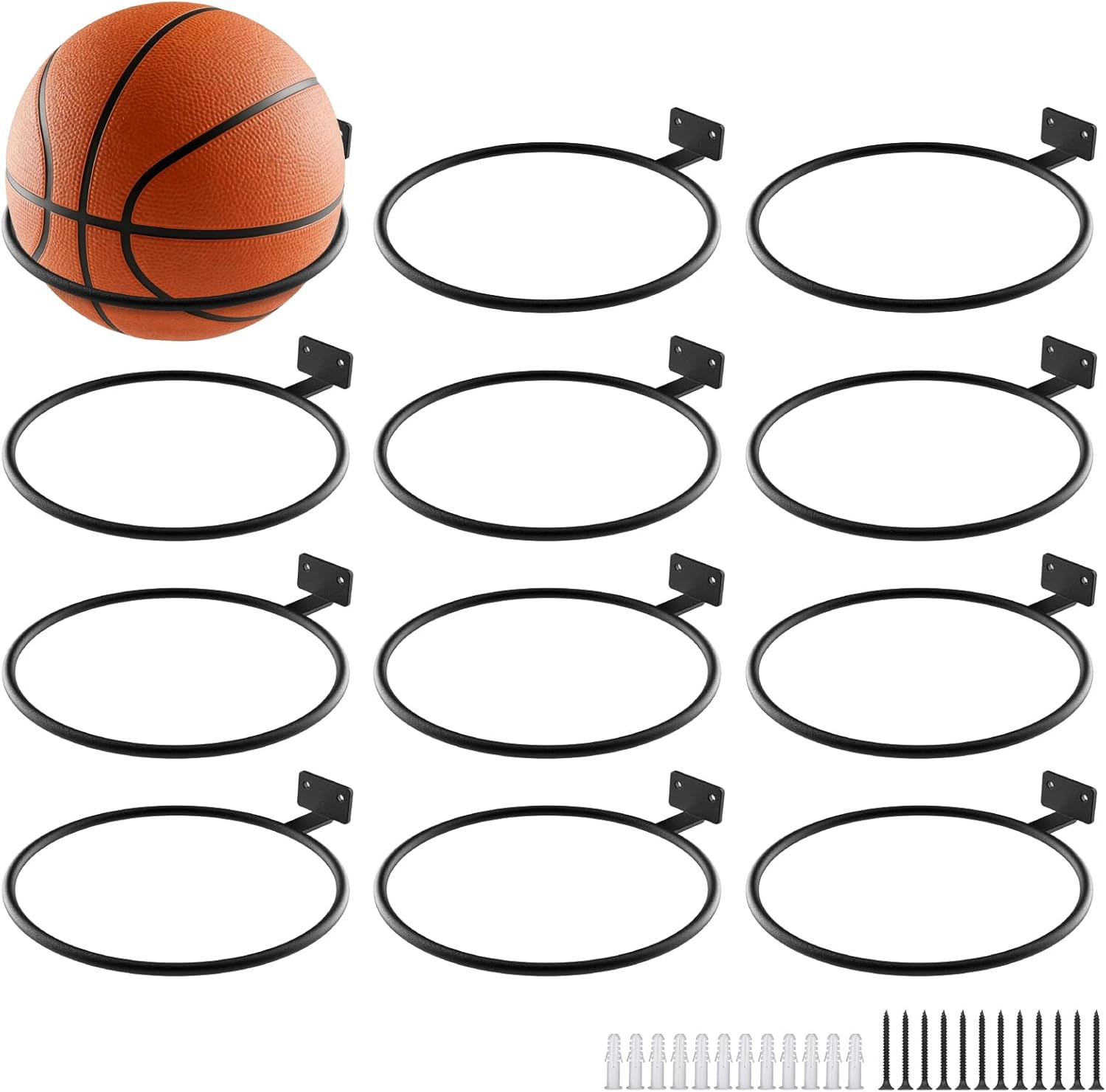 36Pack Basketball Holder Ball Holder Wall Mount Storage Display Universal Ball Rack Metal Black Rack Holder Space Saver for Basketball Football Volleyball Soccer