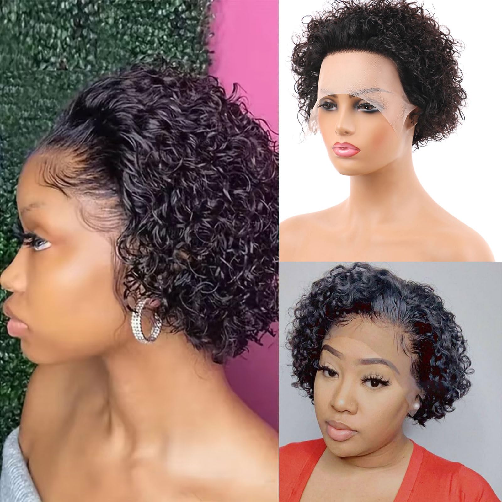 Huarisi Short Pixie Cut Curly Wigs for Black Women Human Hair 6 Inch 13x1 Transparent Lace Front Wig Remy Brazilian Hair Natural Color No Bangs Bouncy Curls