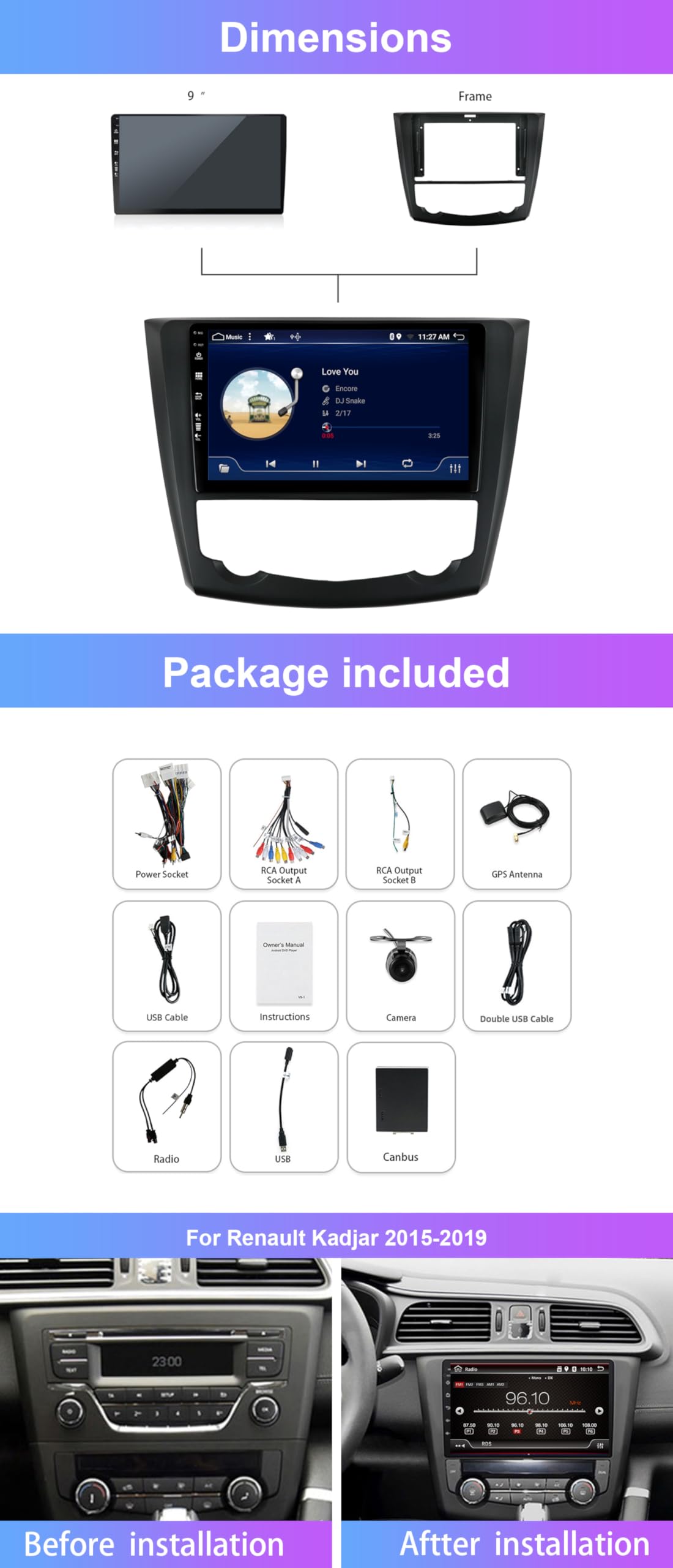 Autoradio pour Renault Kadjar 2015-2019 Android 16 avec caméra Carplay Android Auto | 9 Pouces IPS | 2G+32G | Prise en Charge Dab/WiFi/BT5.0/USB/MirrorLink/SWC/FM/RDS Double Din