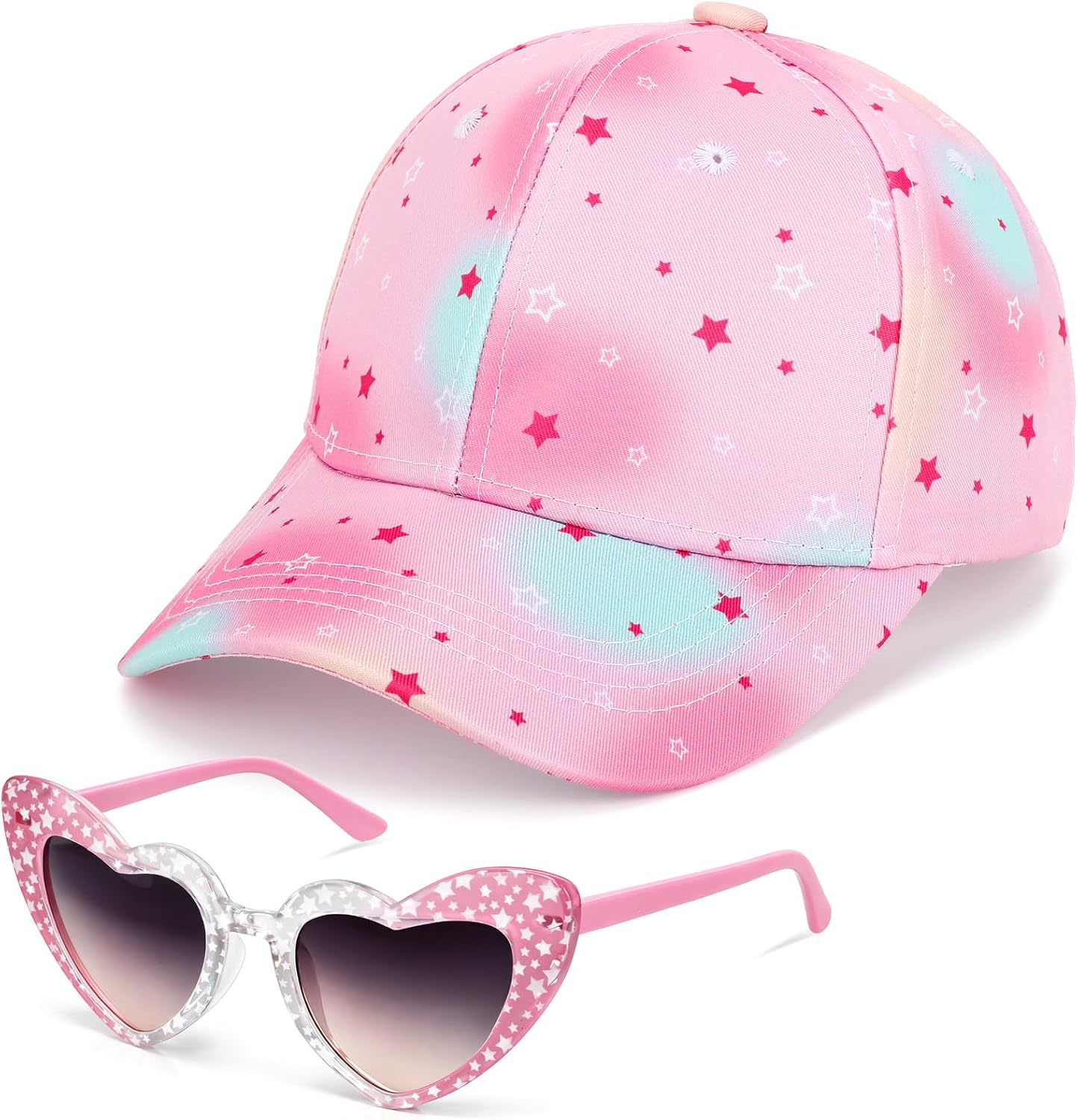 Girls Baseball Cap Sunglasses for Kids, Adjustable Trucker Cap Baseball Hat Pink Heart Sunglasses for Girls 3-8 Years
