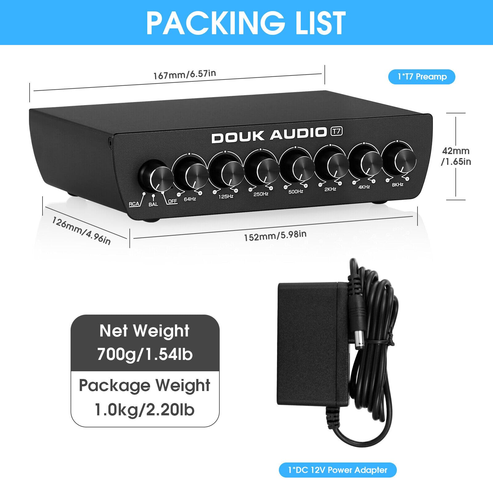 Douk Audio Equalizzatore a 7 bande, bilanciato XLR/RCA preamplificatore per amplificatore domestico