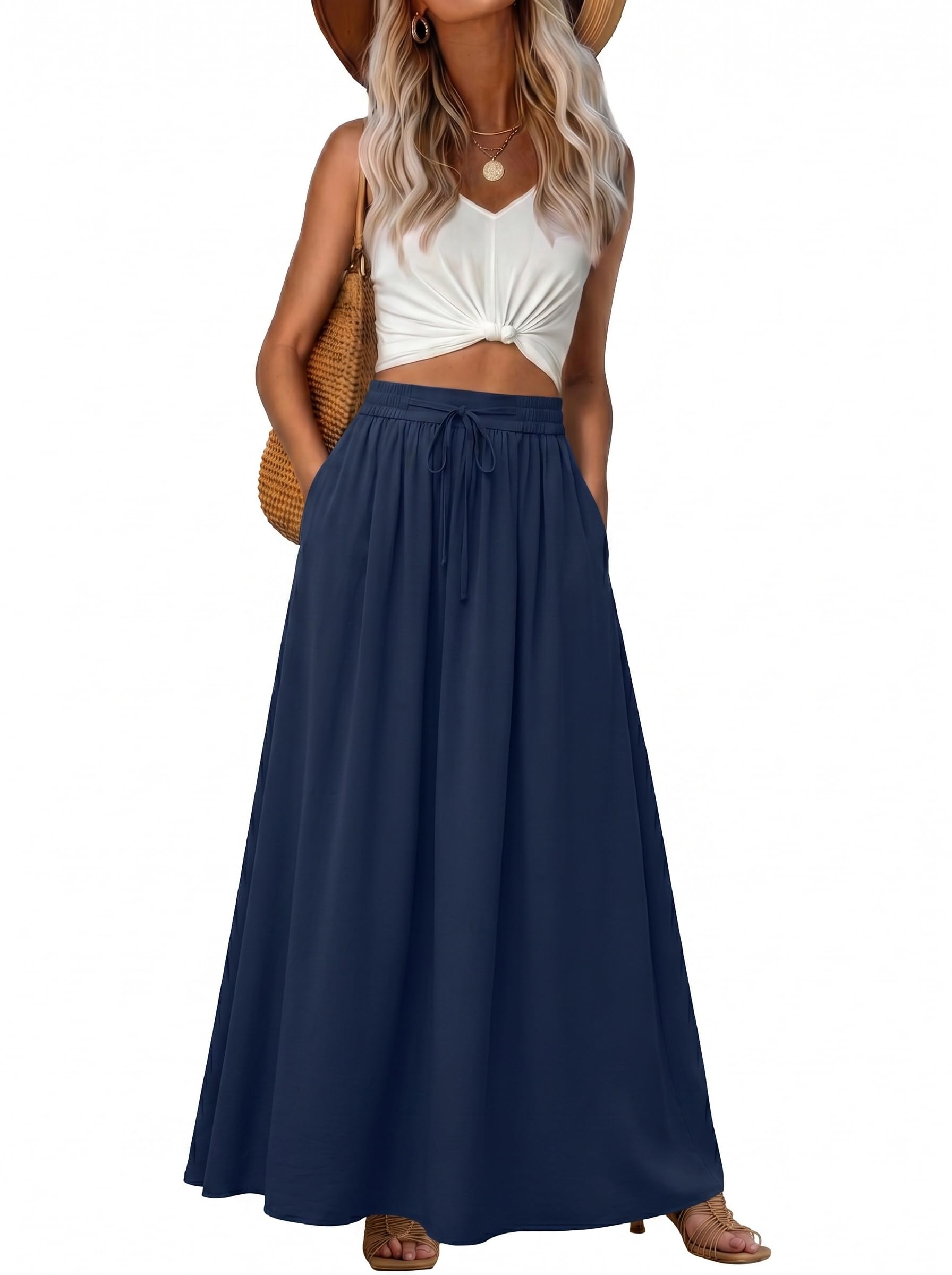 GRECERELLE Damen Rock Sommer Langer Boho Röcke A-Linie Sommerrock Elegant Maxirock Strandkleider Long Flowy Skirt mit Tasche Leicht und Luftig