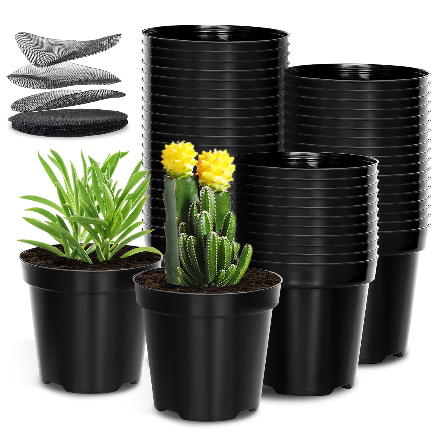 40 Pack 4 Inch Plant Nursery Pots with Mesh Pad, Sturdy Plastic Flower Planter Pots with Drainage Holes, Seed Starter Pots for Planting Seedings Cuttings Succulents Indoor Ourdoor, Black